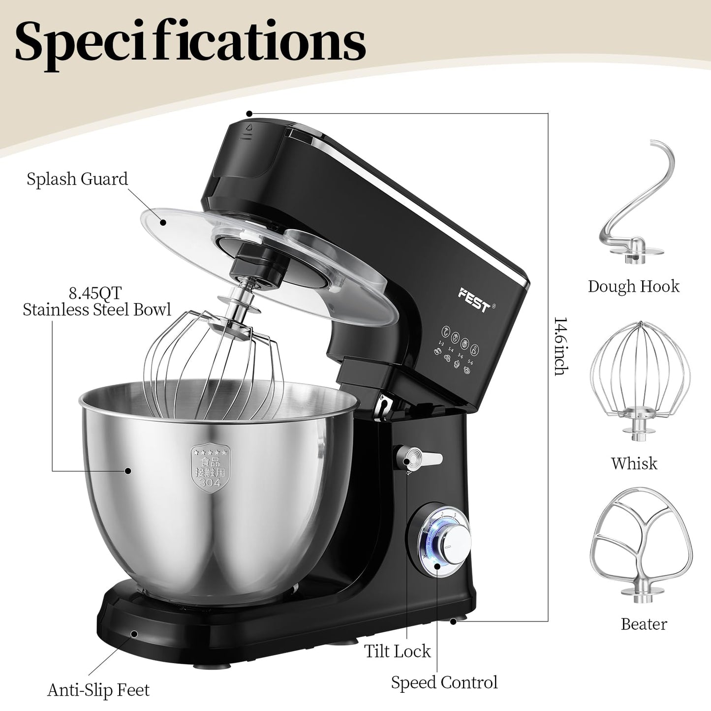 1500W 8.45QT Stand Mixer, 6-Speed Electric Dough Mixer with Whisk, Dough Hook & Beater, Large Capacity Kitchen Mixer for Baking Bread, Cakes, Salad and Cookies (Black)