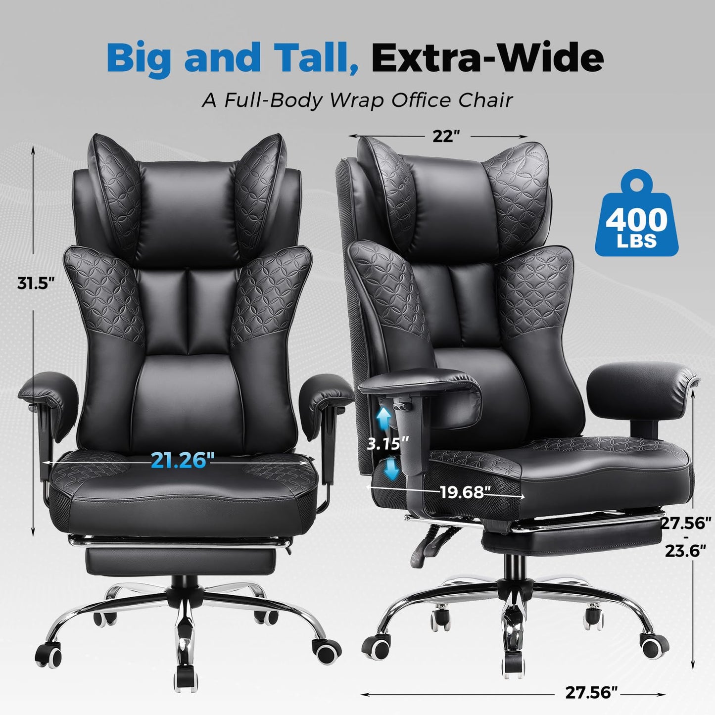 GTPLAYER Big and Tall Office Chair Wide Ergonomic Gaming Chair with Deluxe Embossing Designed Leather with Foot Rest,150°Reclining Adjustable Soft Armrests Pocket Spring Back Support and Pillow