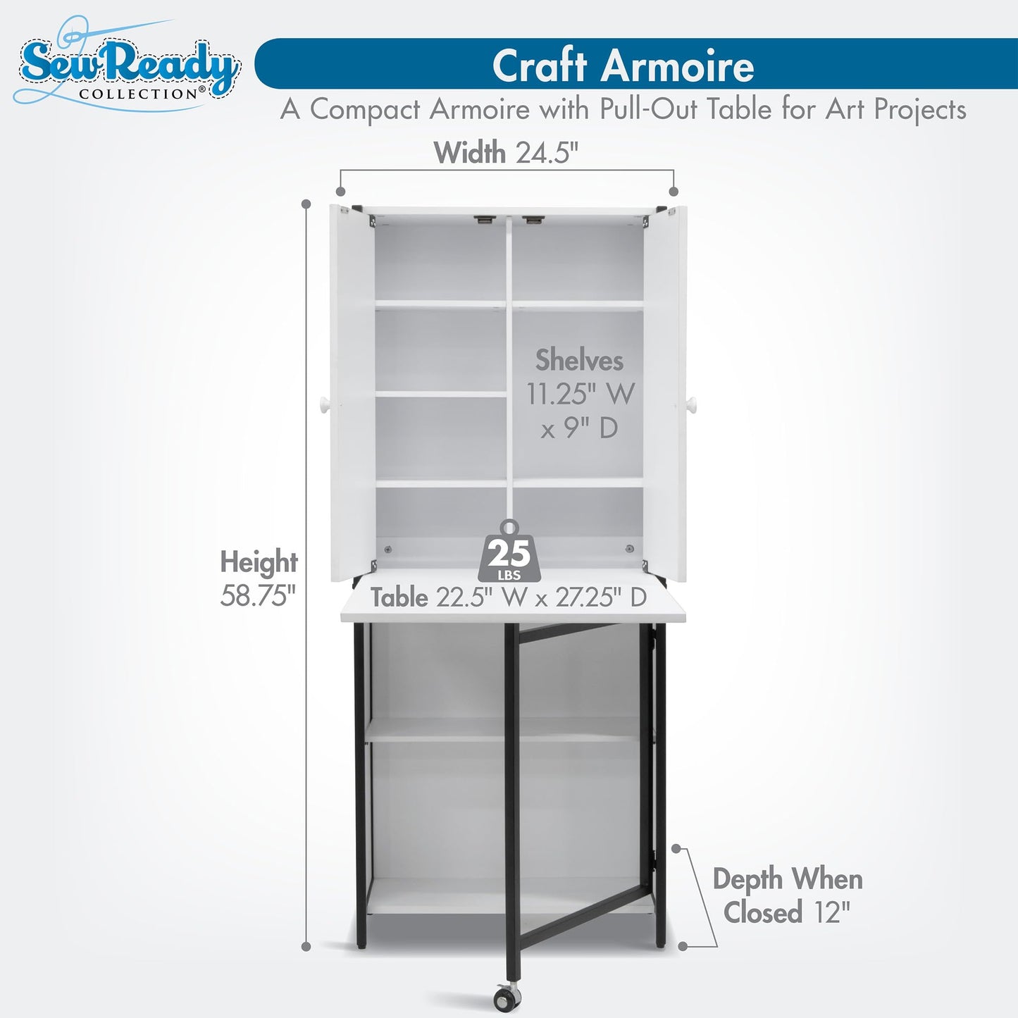 Sew Ready Folding Craft Armoire Cabinet, 59" Tall Multipurpose Workstation with Drop-Leaf Table and Powder-Coated Steel Frame, Charcoal/White