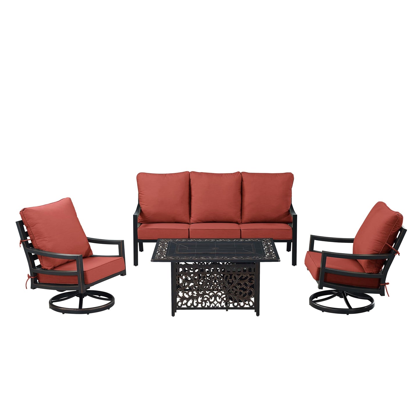 Oakland Living Black Aluminum Patio Fire Table Set with Deep Seating Sofa with Cushions and Two Club Chairs with Red Cushions