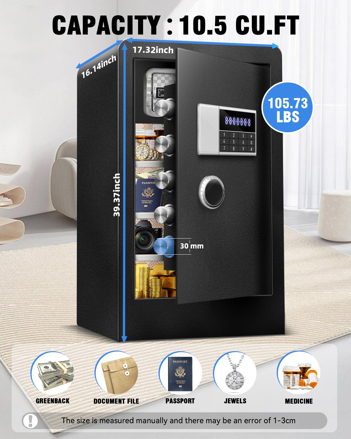 HOLOJOY 10.5 Cu Ft Large Fireproof Waterproof Safe Box for Home Office Documents- Heavy Duty Steel LCD Display Digital Security Safe Box with LED Light, Removable Shelf for Money Jewelry Valuables