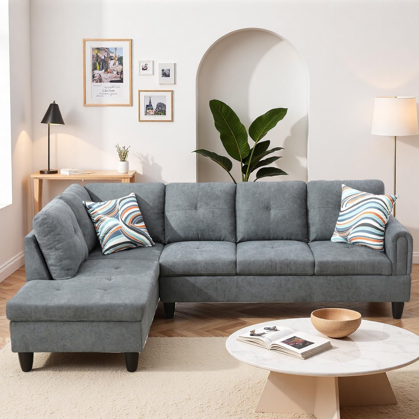 Trygoal Modern L-Shaped Sectional Sofa with Chaise Lounge, 4-Seater Fluffy Couch with High-Density Foam Cushions, for Living Room, Apartment, Studio, Easy Assembly, Dark Grey