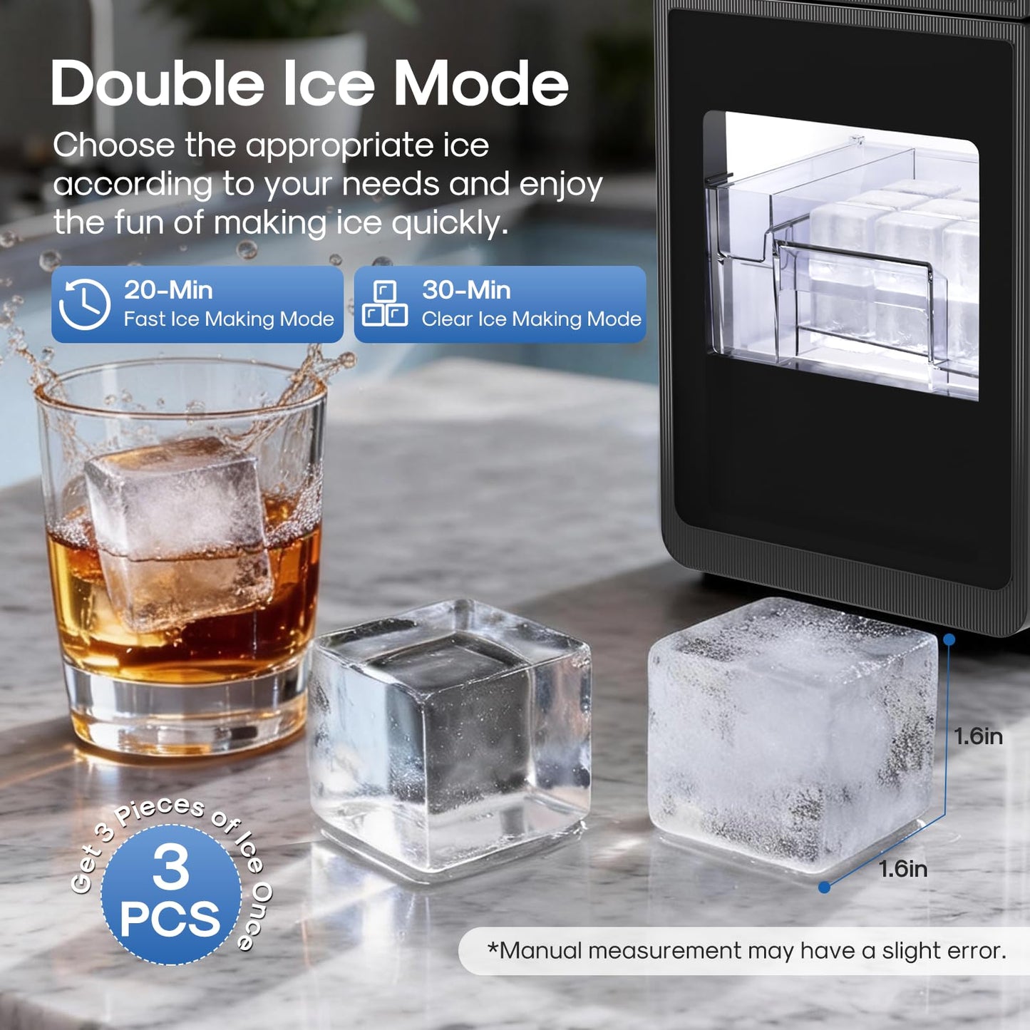 ICEPURE Clear Ice Cube Maker Portable Countertop, 3Pcs/20 Mins, 1.6" Crystal Ice Cube, 22lbs/24H, ETL Certification, Self-Cleaning, 24 Timer, Compact Ice Cube Machine for Whiskey, Cocktails, Bourbon
