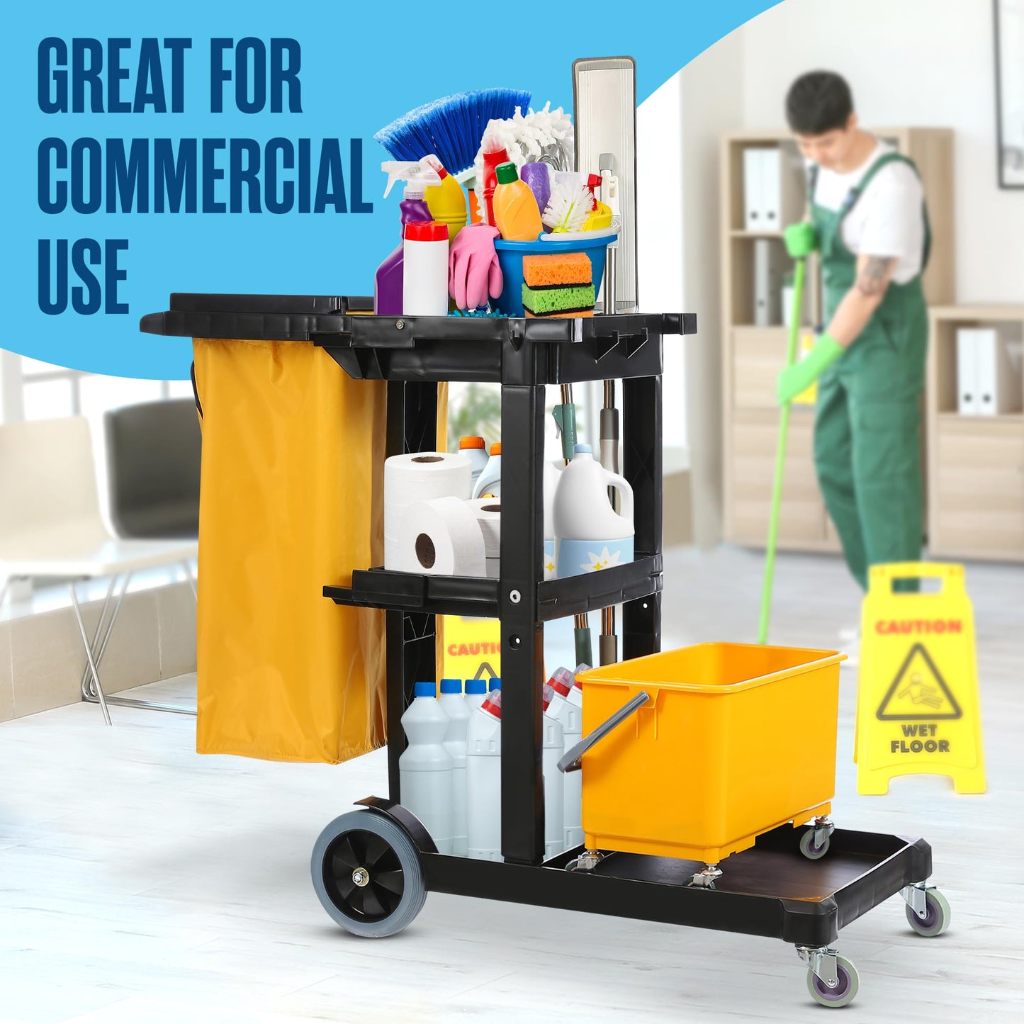 Houseables Cleaning Cart, Janitorial Cart, Cleaning Caddy with Wheels, for Housekeeping, Janitor, Custodian, House Keeping, Maintenance, Rolling Supply Organizer, Custodial, Maid, Commercial, 440 LB
