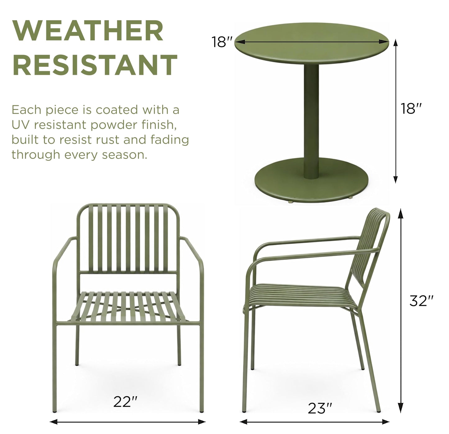 Alpine Corporation VTFAM152A Metal Outdoor Bistro Set, 3-Piece Patio Conversation Set with Round Side Table & 2 Chairs, Weather-Resistant Steel Frame, Compact Balcony Furniture, Green