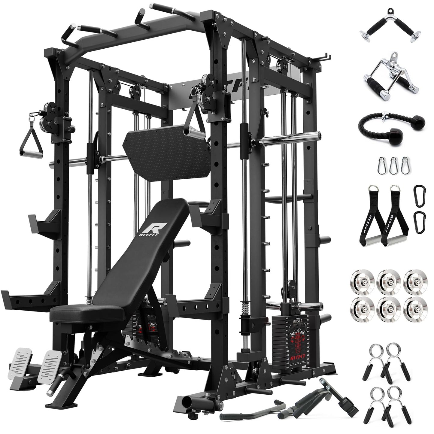 RitFit Buffalo Smith Machine Package, All-in-One Power Cage with Weight Stack , Power Rack with Cable Crossover & Leg Press Attachment for Home Gym
