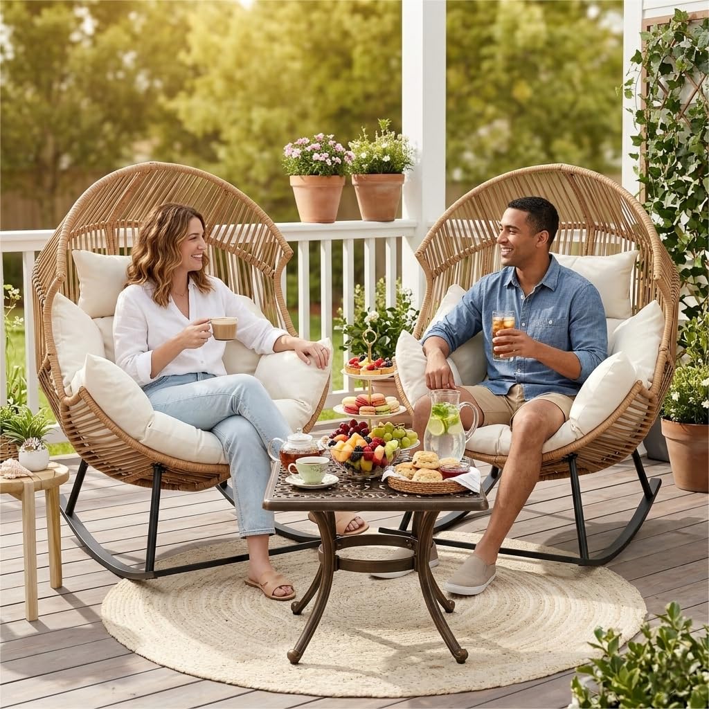 Oversized Outdoor Rocking Chair Set of 2, Wicker Egg Patio Lounge Chair Basket Seat with Thick Cushion, All Weather Indoor Outdoor Porch Rockers for Balcony, Living Room, Lawn Garden
