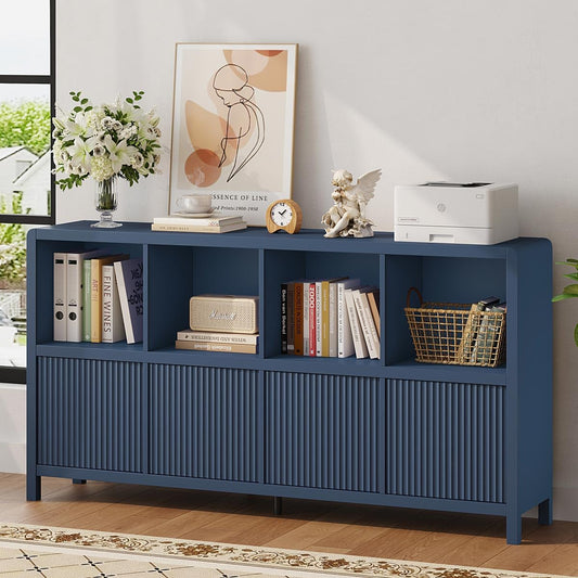 FATORRI 8 Cube Bookcase with 4 Doors, Wooden Bookshelf with Storage Cabinet, Low Horizontal Storage Book Shelf for Home Office, Living Room, Dining (57 Inch Blue)