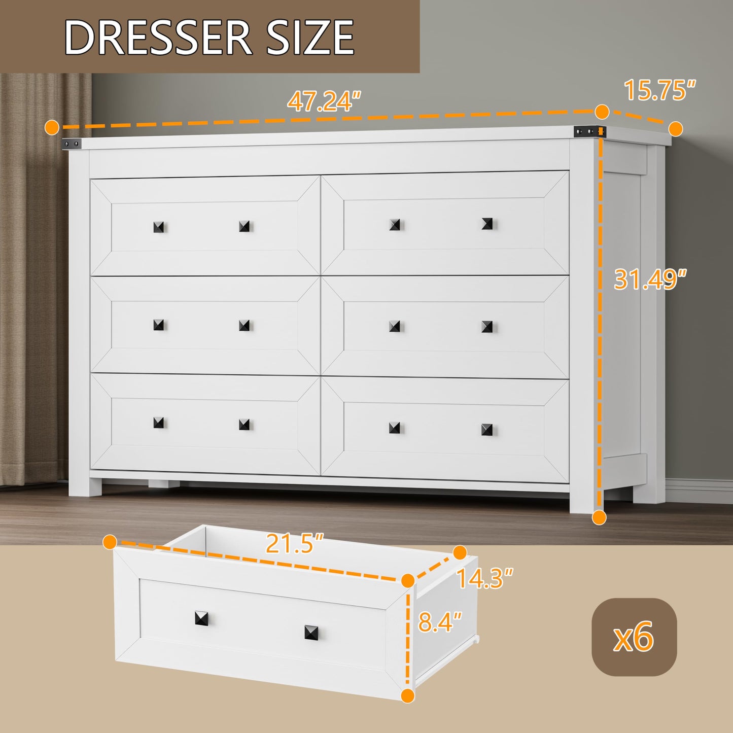 BORNOON 6-Drawer Dresser, Modern Wooden Storage Chest of Drawers, Dresser TV Stand, Wood Drawer Organizer with Metal Handles for Bedroom, Living Room, Hallway