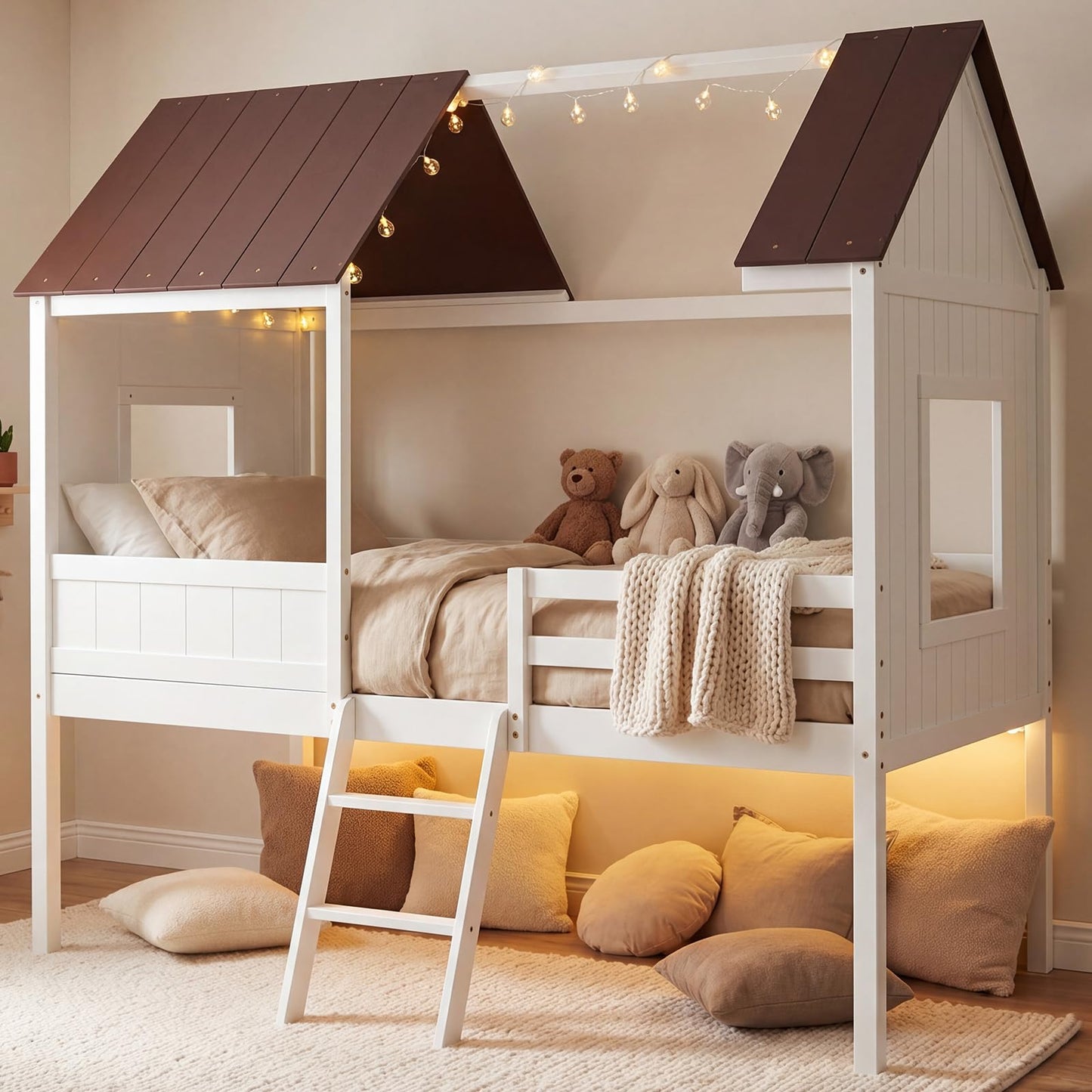 DUMOS Low Loft Beds Twin Size with Windows and Roof, Wooden House Bedframe with 2-Step Ladder and Safety Guardrail, Solid Wood Bed Frame with Under-Bed Storage for Kids Teens, Chocolate