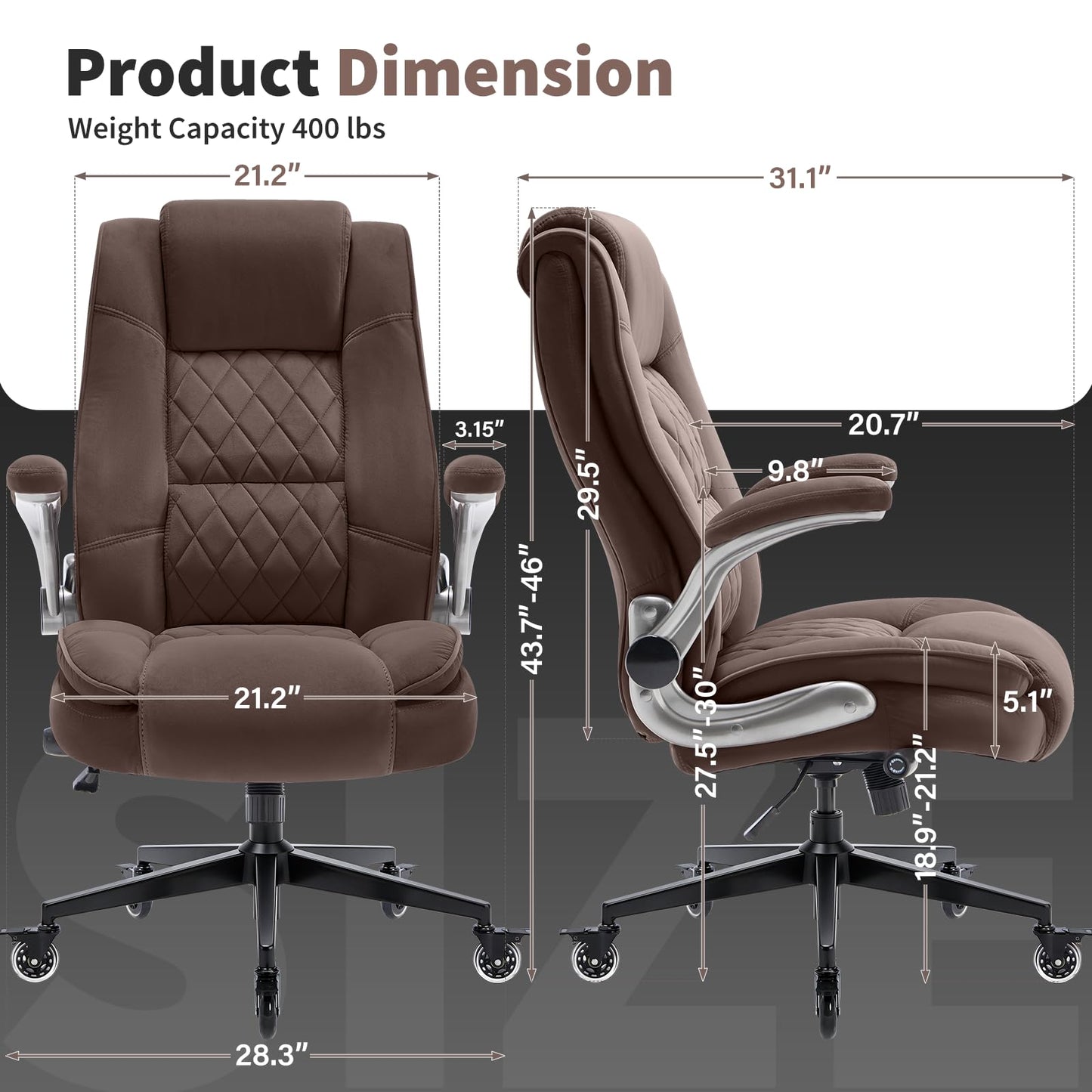 Fabric High Back Office Chair with Lockable Quiet Casters, Thick Padded Ergonomic Computer Chair- Adjustable Lumbar Support & Flip-Up Arms, Wide Executive Desk Chair for Back Pain, 400LBS Capacity