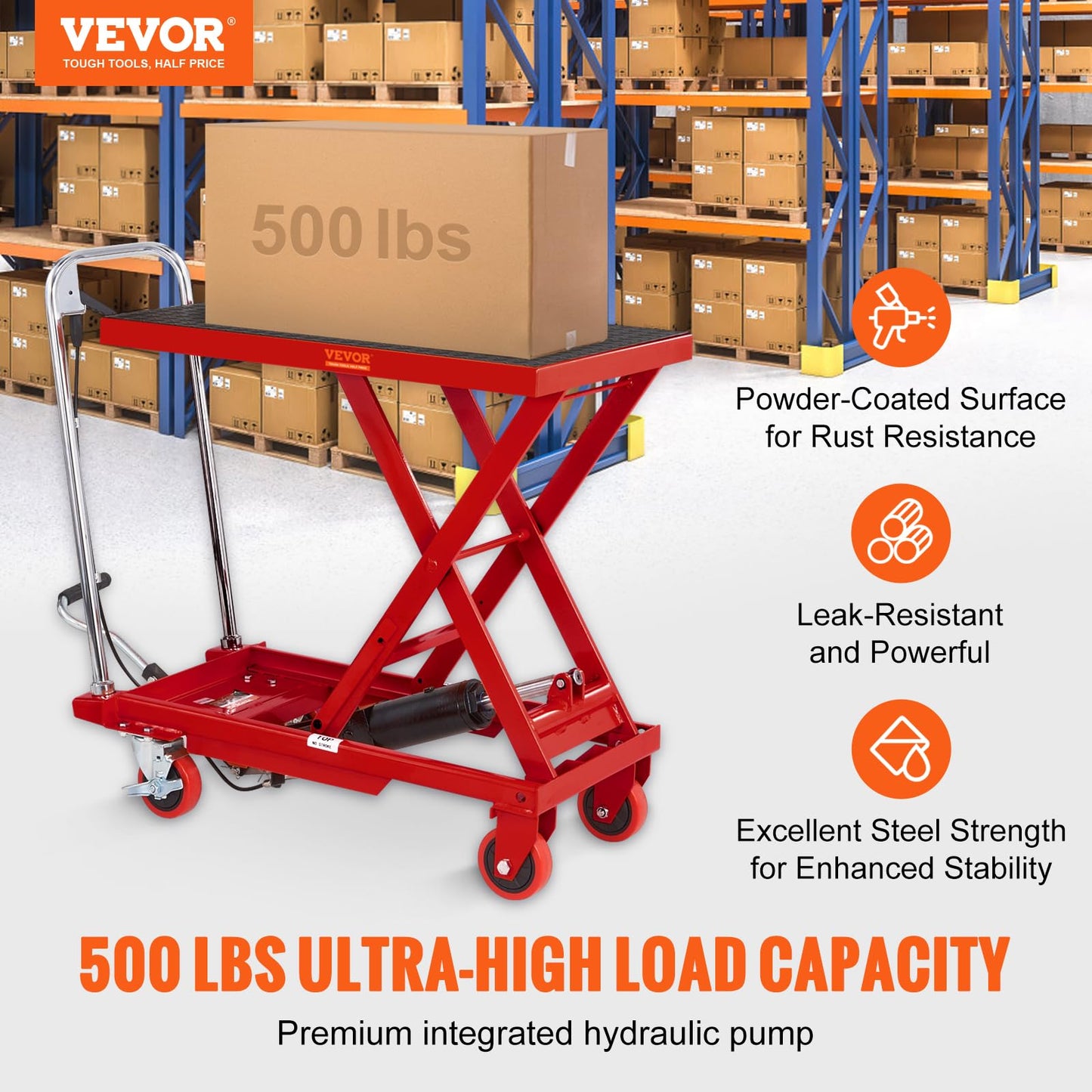 VEVOR TF23 Hydraulic Lift Table Cart, 500lbs Capacity 28.5" with 4 Wheels and Non-Slip Pad, for Material Handling and Transportation, Red