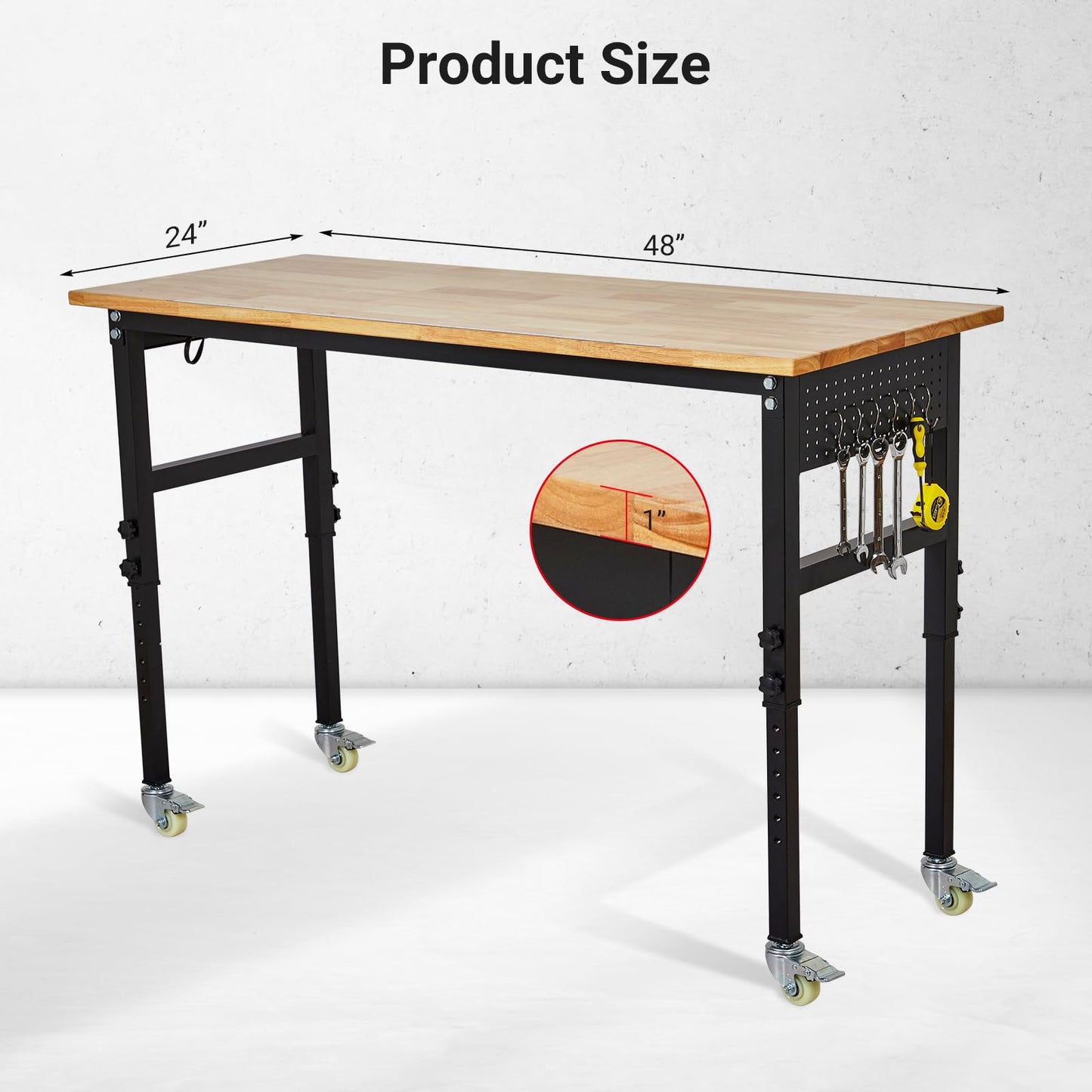Adjustable Workbench with Wheels 48x24 Inches-Heavy Duty Adjustable Height Work Benches for Garage,Lockable Rolling Workbenches for Workshop and Home DIY 27.8"-39.5" Height