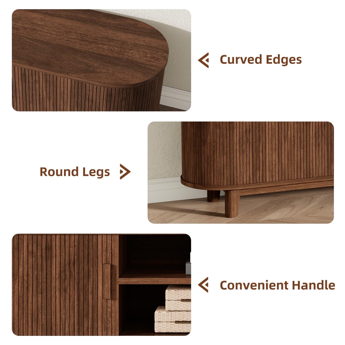 78.75" Curved TV Stand with Storage Cabinets & Open Shelves, Farmhouse Entertainment Center with Sliding Doors, Wood Media Console for Living Room Hallway, Walnut