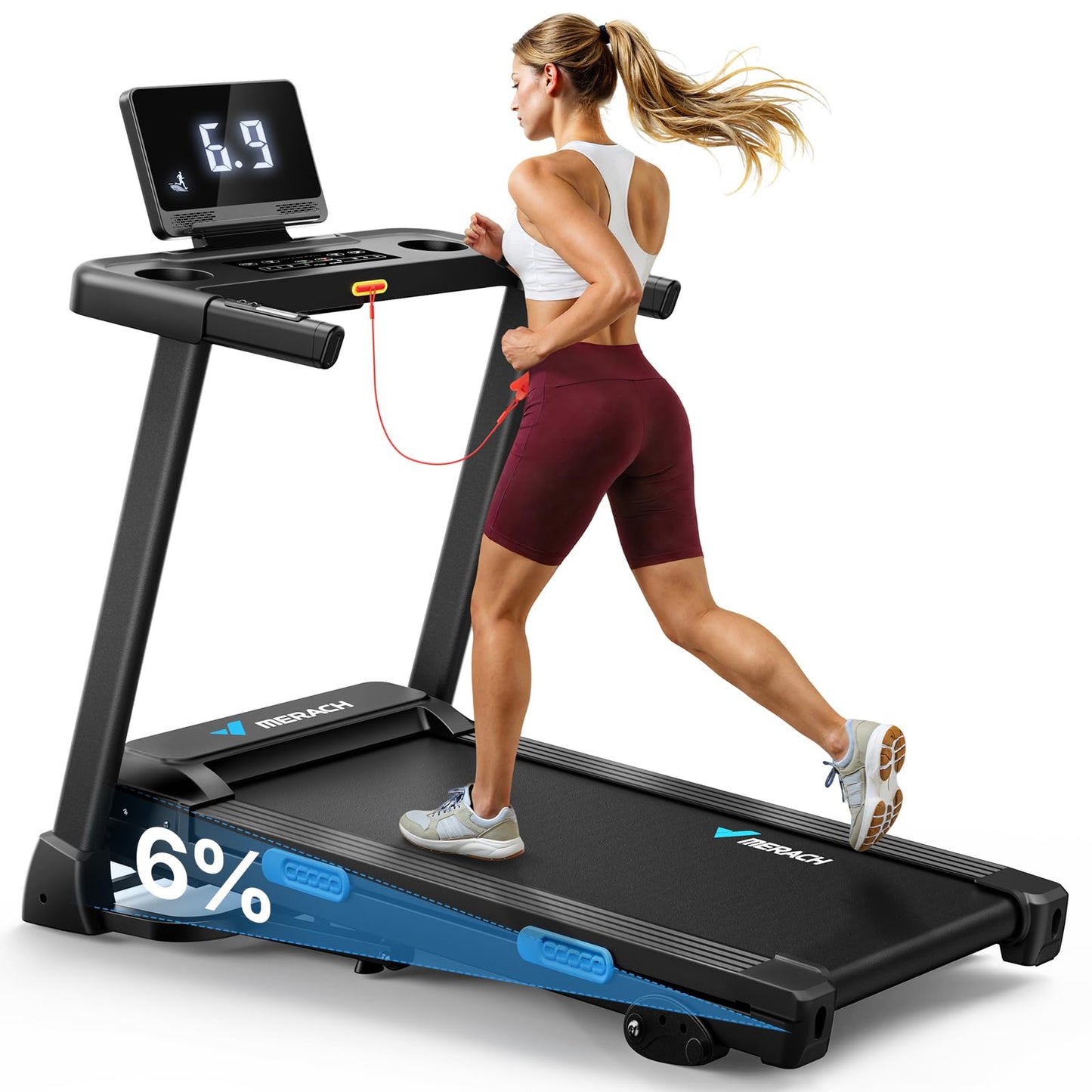 MERACH Treadmills for Home with Incline 0%-15%, 300 LBS Capacity Double Deck Foldable Treadmill with Incline, 0.5-7.5MPH Quiet 2.5HP Brushless Incline Treadmill LED Display with Smart APP