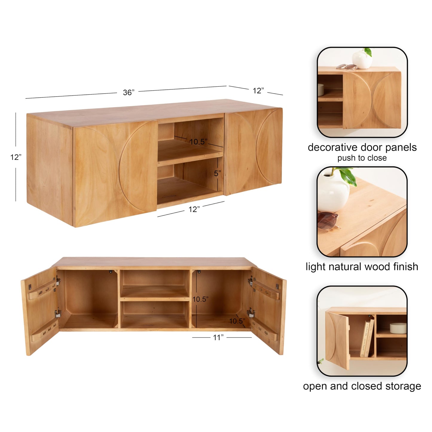 Kate and Laurel Townsend Modern Floating Media Cabinet, 36 x 12 x 12, Natural Wood, Decorative Geometric Floating Console Table with Storage for Use as Living Room Storage or Wall-Mounted Bar Cabinet