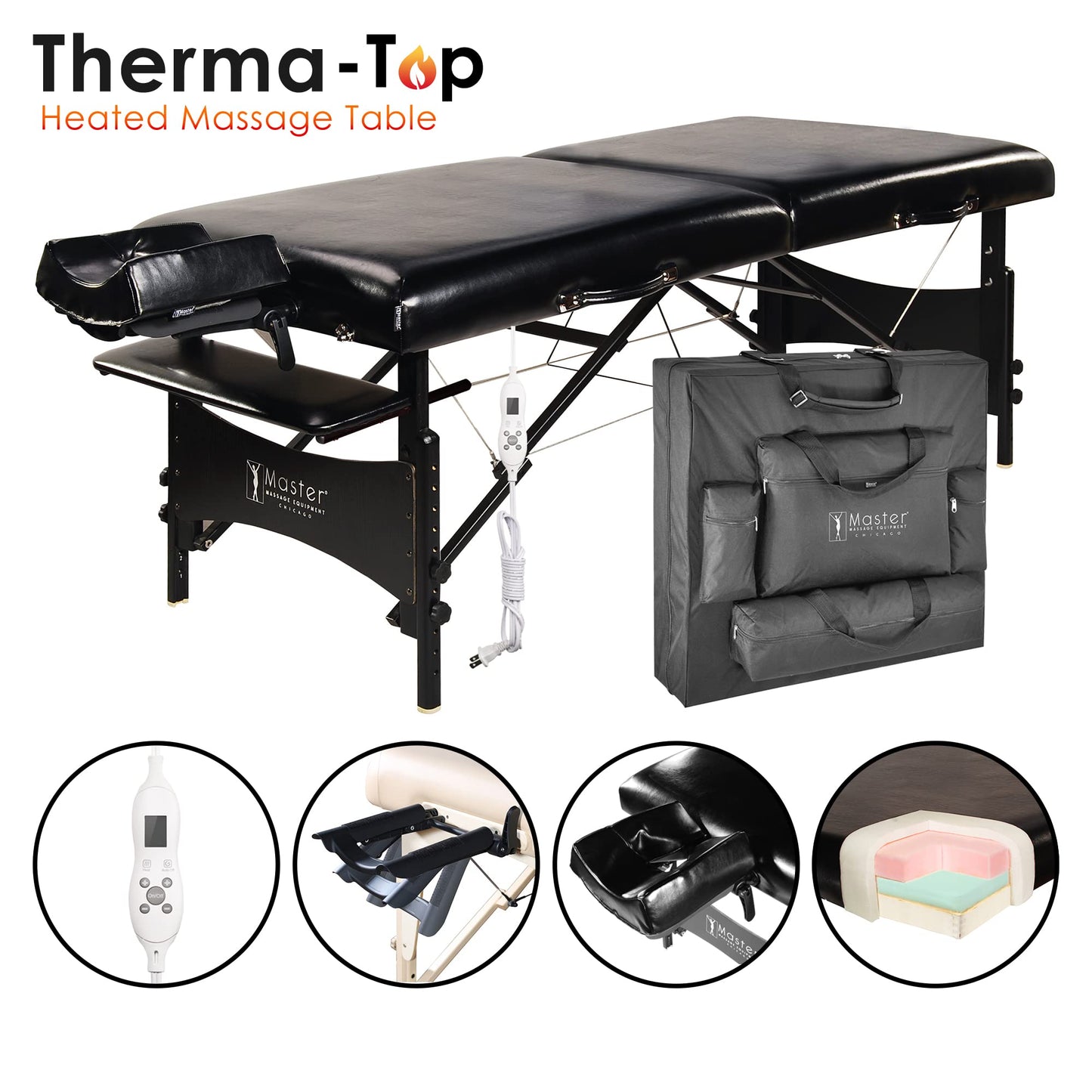 Master Massage 30” Galaxy Therma Top Portable Massage Table for Professional& Home Use, Adjustable Height Travel Massage Bed, Salon Beauty Spa Tattoo Lash Bed with Accessories (Black)