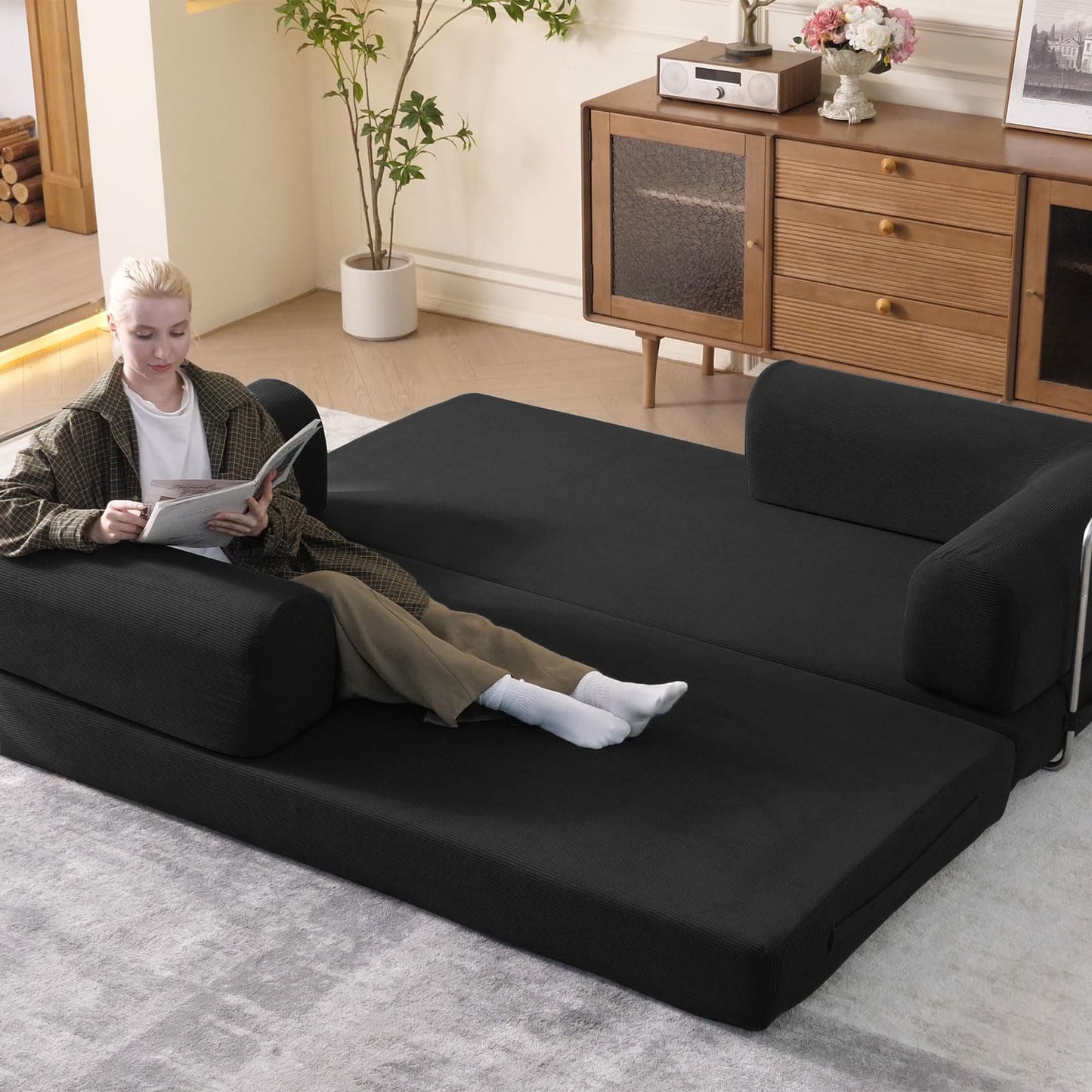 WHGBJA 79" Convertible Sleeper Sofa Bed with Cylindrical Pillow, Corduroy Folding Mattress Couch with Fixed-Shape Frame, Floor Sofa Lounge Couch for Living Room Bedroom Lounge Studio (Black)