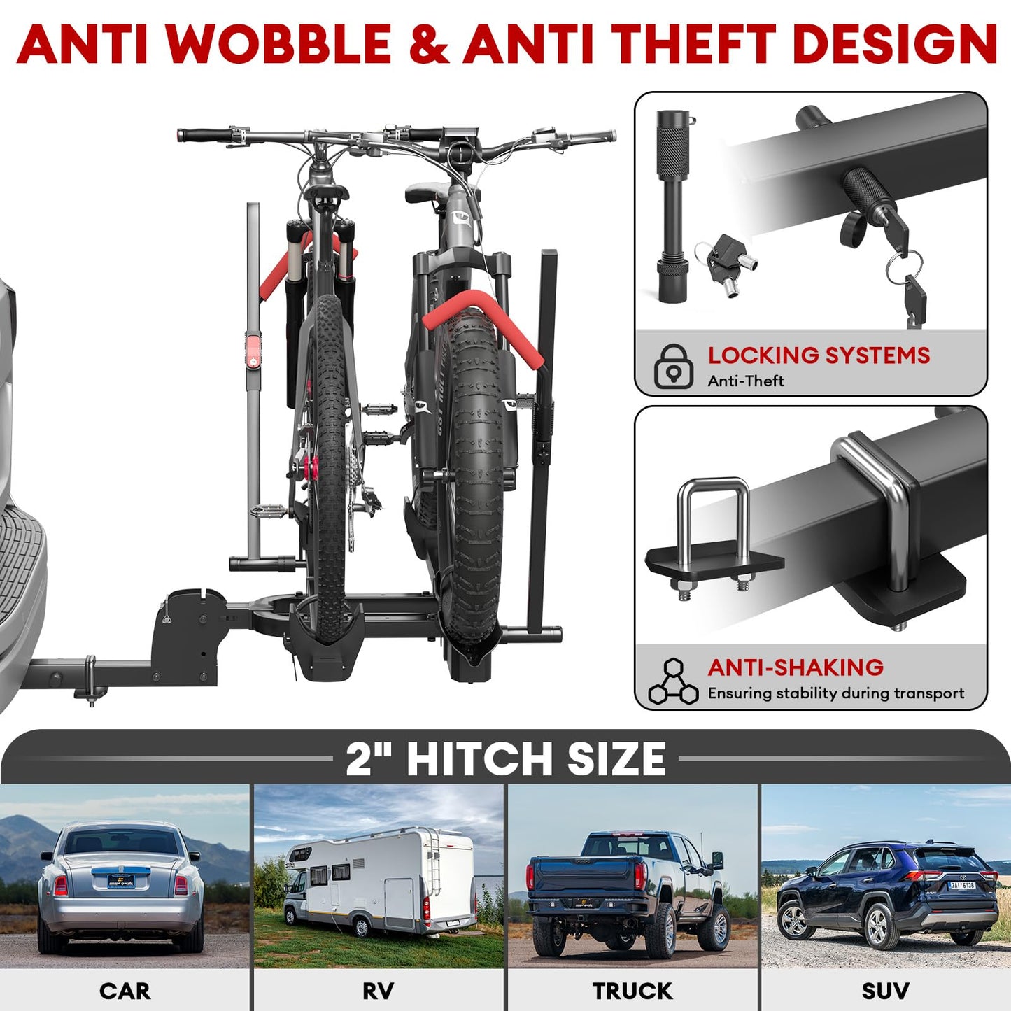 RoamEase Hitch 2 EBike Rack with Ramp, 170lbs Capacity Foldable Electric Bike Carrier for 2 Heavy Ebike, Up to 5" Fat Tire Bicycle for 2" Receiver for Car, SUV, RV, Truck, Black
