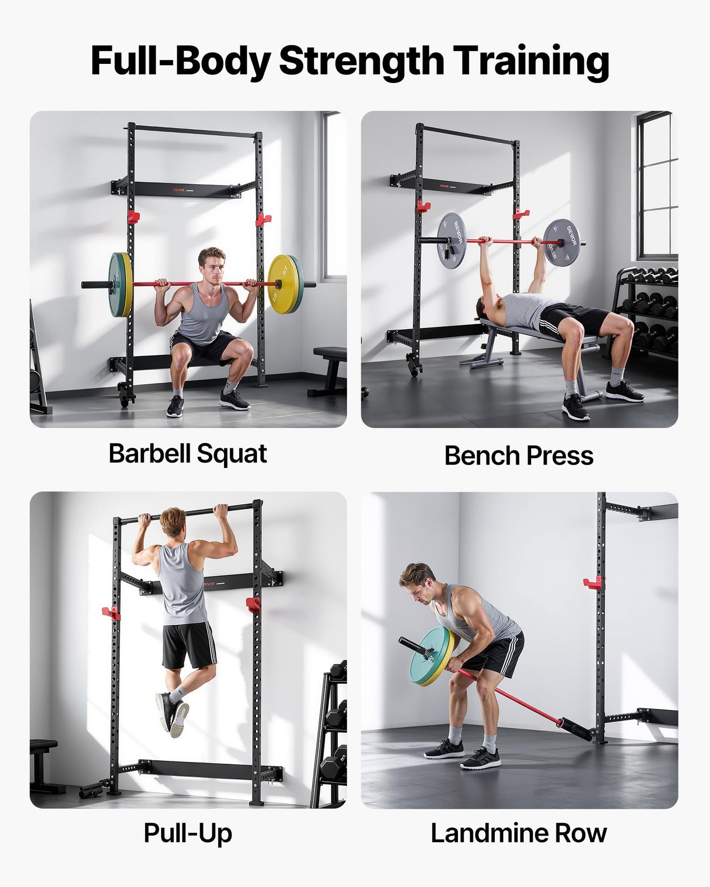 VEVOR Folding Power Cage, Wall-Mounted Power Rack Squat Rack, Multifunctional Strength Training Workout Equipment with Landmine Holder, Adjustable J-Hooks & Pull-Up Bar for Home Gym, 1000LBS Capacity