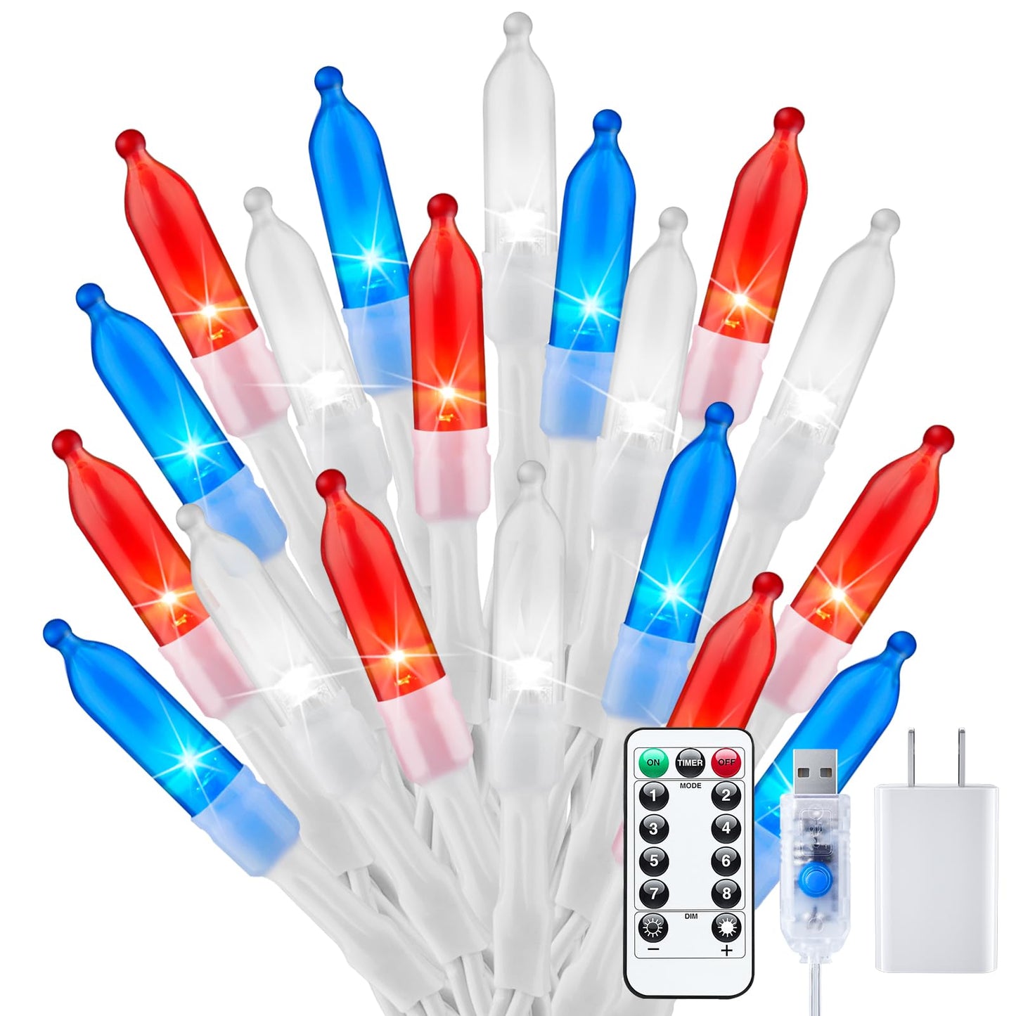 Minetom 200 LED String Lights with Remote, Waterproof, Red White Blue, Indoor/Outdoor, Model DMO-S-100