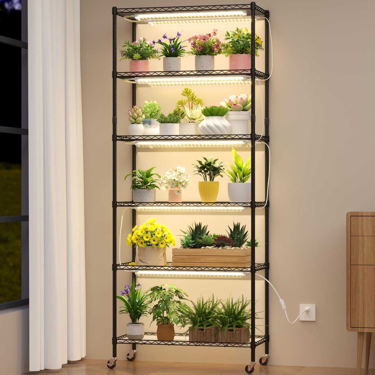 Plant Shelf with Grow Light, DIY 6-Tier Plant Stand with Grow Light, Adjustable Rack and Wheels, 8 Pack 24" 192W T8 Full Spectrum Grow Lamp for Indoor Plants, Seed Starting, Vegetable, 29"x13.5"x73.5"