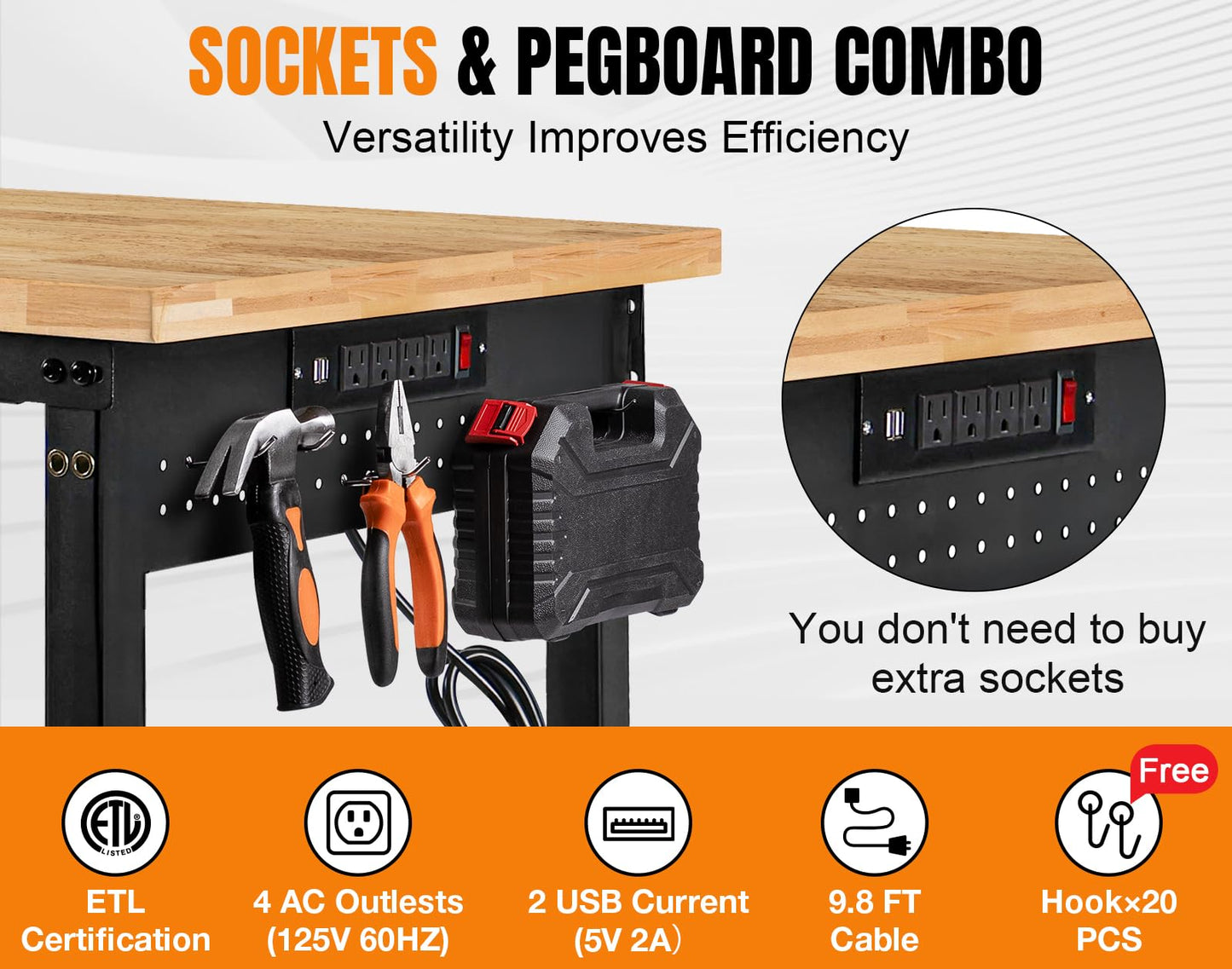 MUWOOD 96" Adjustable Height Workbench, 2000 LBS Heavy Duty Table Rubber Wood Workstation with Power Outlet & Pegboard for Garage, Office, Workshop, Home,Commercial