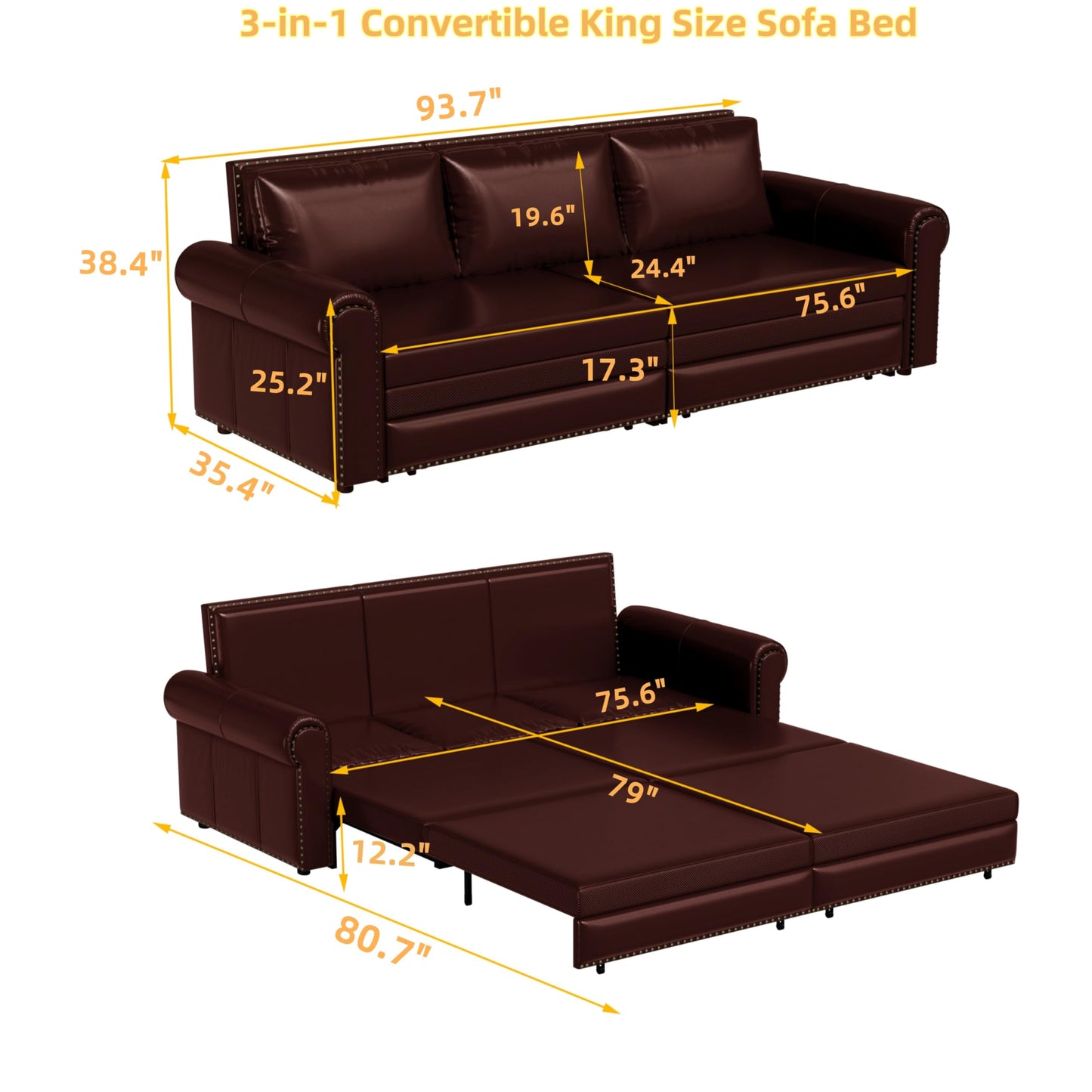 KEIKI 94" Chesterfield Sofa with Pull-Out King Sleeper Bed, 3-in-1 Convertible Faux Leather Sofa Bed, Rolled Arm Upholstered Couch for Living Room, Bedroom, Office, Burgundy