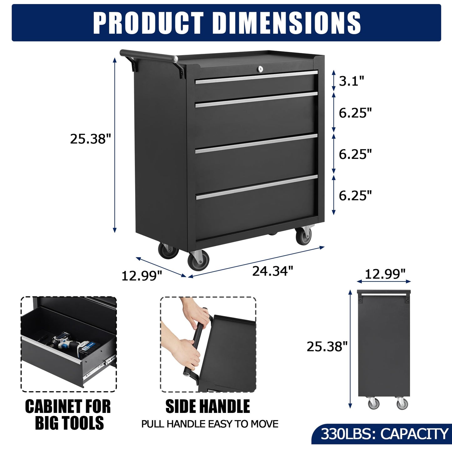 EliteEdge 24” Heavy-Duty Rolling Tool Cabinet, 4-Drawer Lockable Steel Tool Chest with 4 Locking Wheels & Reinforced Frame, High Weight Capacity Organizer for Garage, Workshop, and Home Use