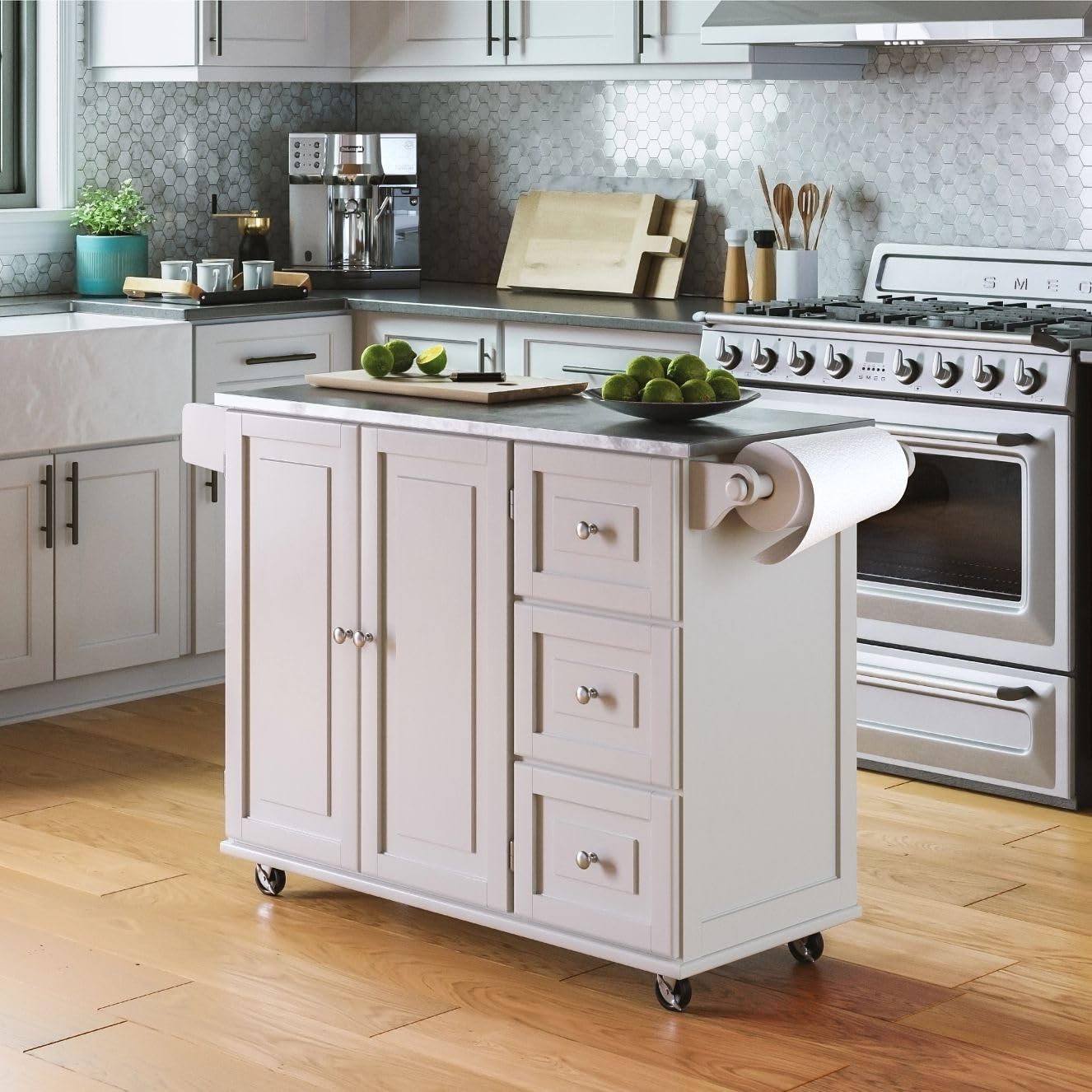 53.5" Kitchen Island Cart with Storage, Rolling Kitchen Cart on Wheels with Stainless Steel Top, Mobile Prep Station with Drawers, Cabinets, Adjustable Shelves & Towel Rack, Solid Wood, Off White