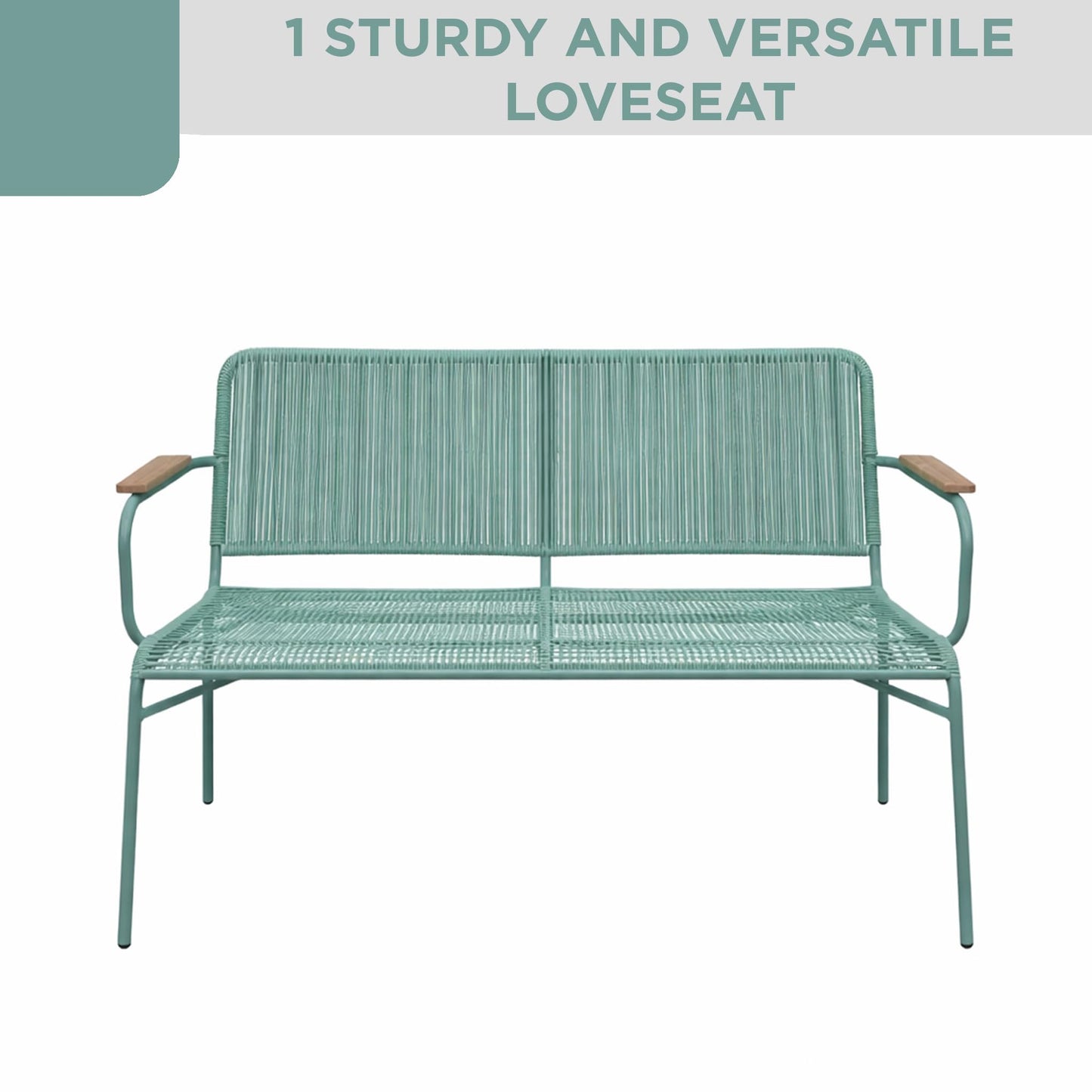 Alpine Corporation VTFAM170A 4-Piece Outdoor Rope Woven Patio Conversation Set – Sofa Bench, 2 Armchairs & Coffee Table – Modern Metal Frame with Wood Armrests – Indoor/Outdoor Seating Set
