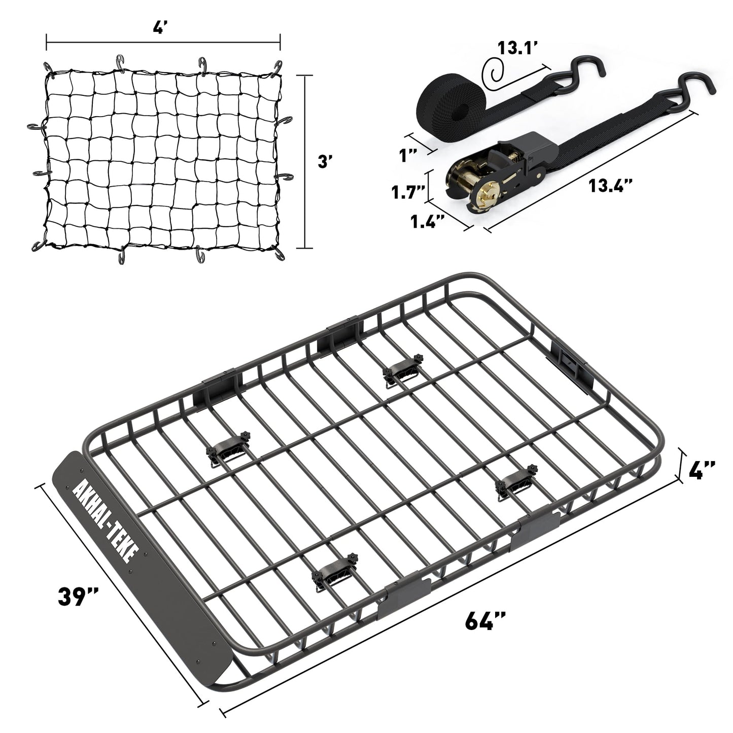 AKHAL-TEKE Roof Rack Basket, Upgraded 64"x 39"x 4" Roof Rack Cargo Carrier with 3' X 4' Super Duty Bungee Cargo Net, 2 pcs Ratchet Strap Fits for SUV Truck Cars
