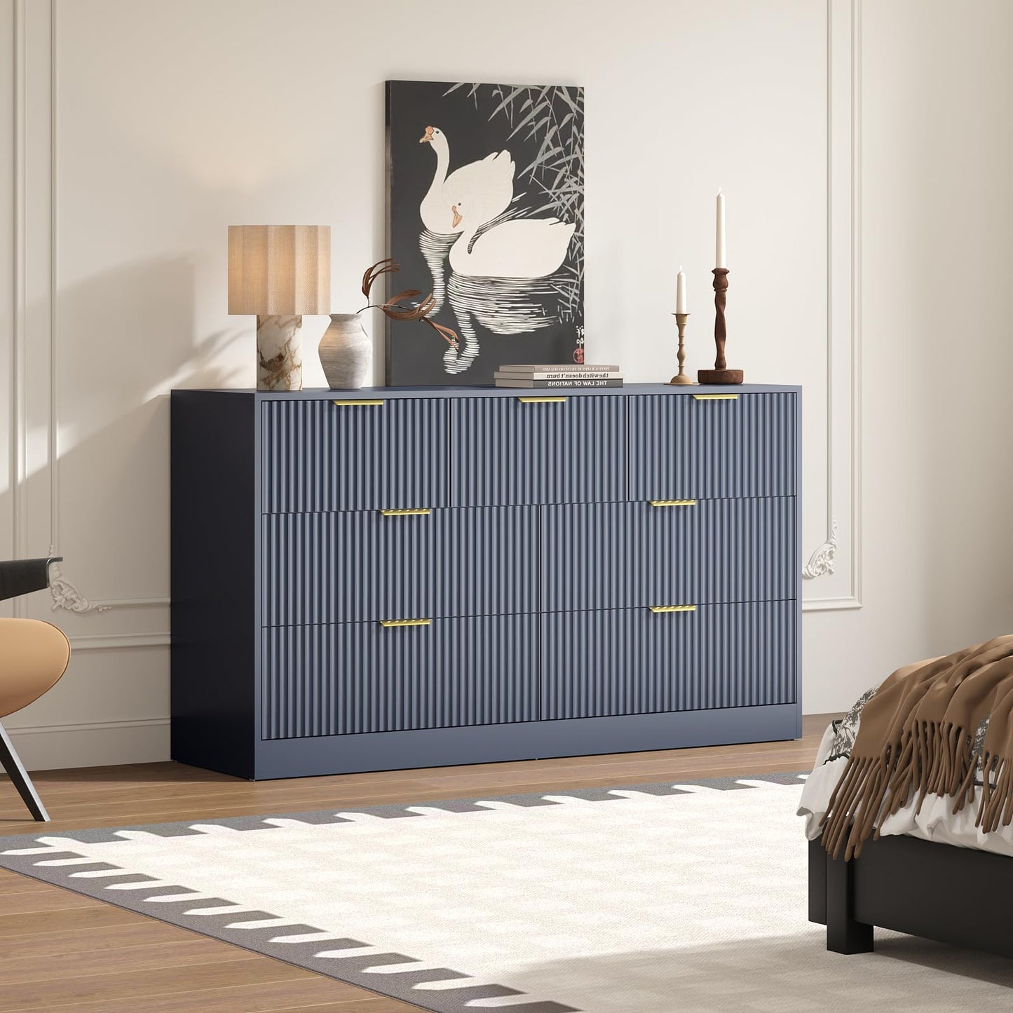 Sscaktu 7 Drawers Dresser for Bedroom,55" Wide Fluted Dresser with Deep Drawers, Modern Chest of Drawers, Wood TV Stand Storage Organizer for Closet, Living Room, Hallway, Blue