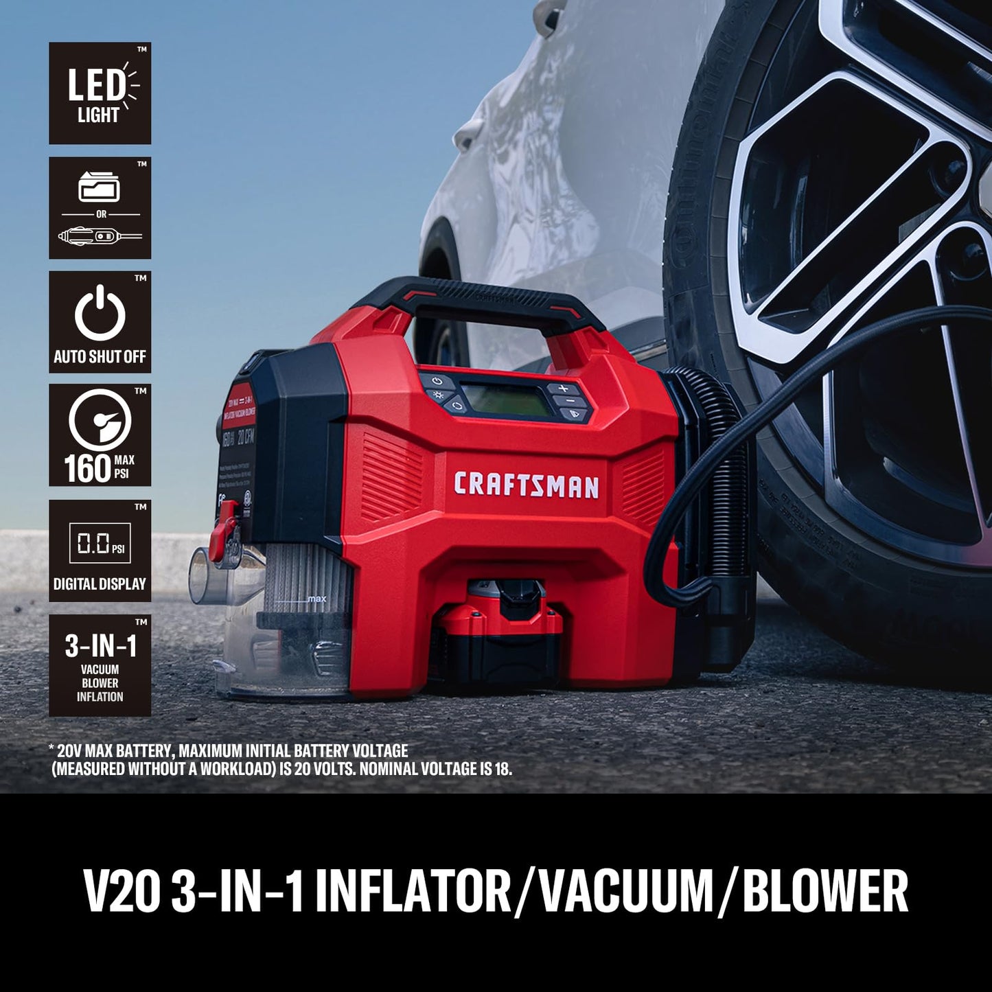 CRAFTSMAN 3-in-1 Cordless Portable Tire Inflator 160 PSI Air Compressor, 4.0Ah Battery & 12V Charger, Car Vacuum, Dust Blower & LED Light for Car, Bike, Ball, Inflatable Mat & SUP