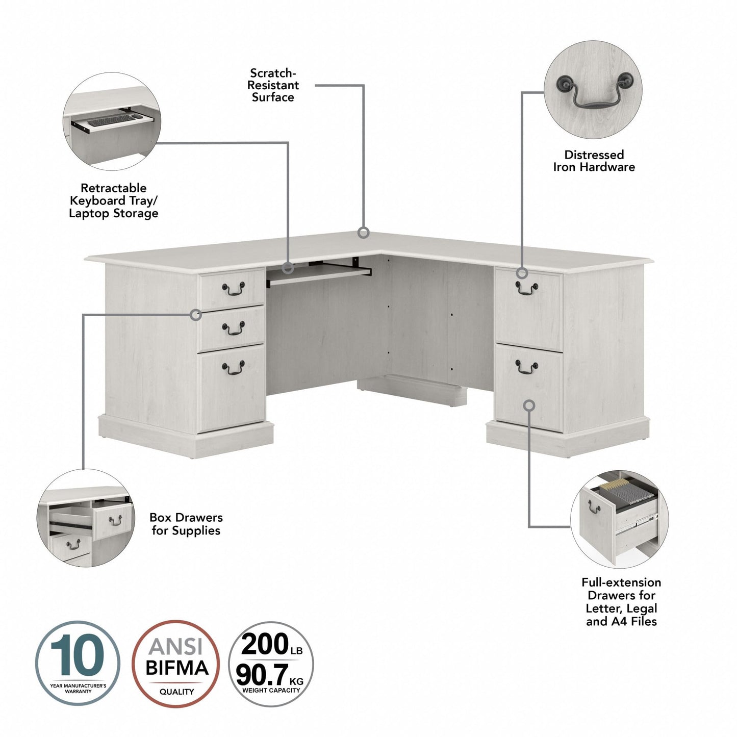 Bush Home Saratoga L Shaped Computer Desk with Drawers and Storage in Linen White Oak | Large Corner Office Table for Workspace