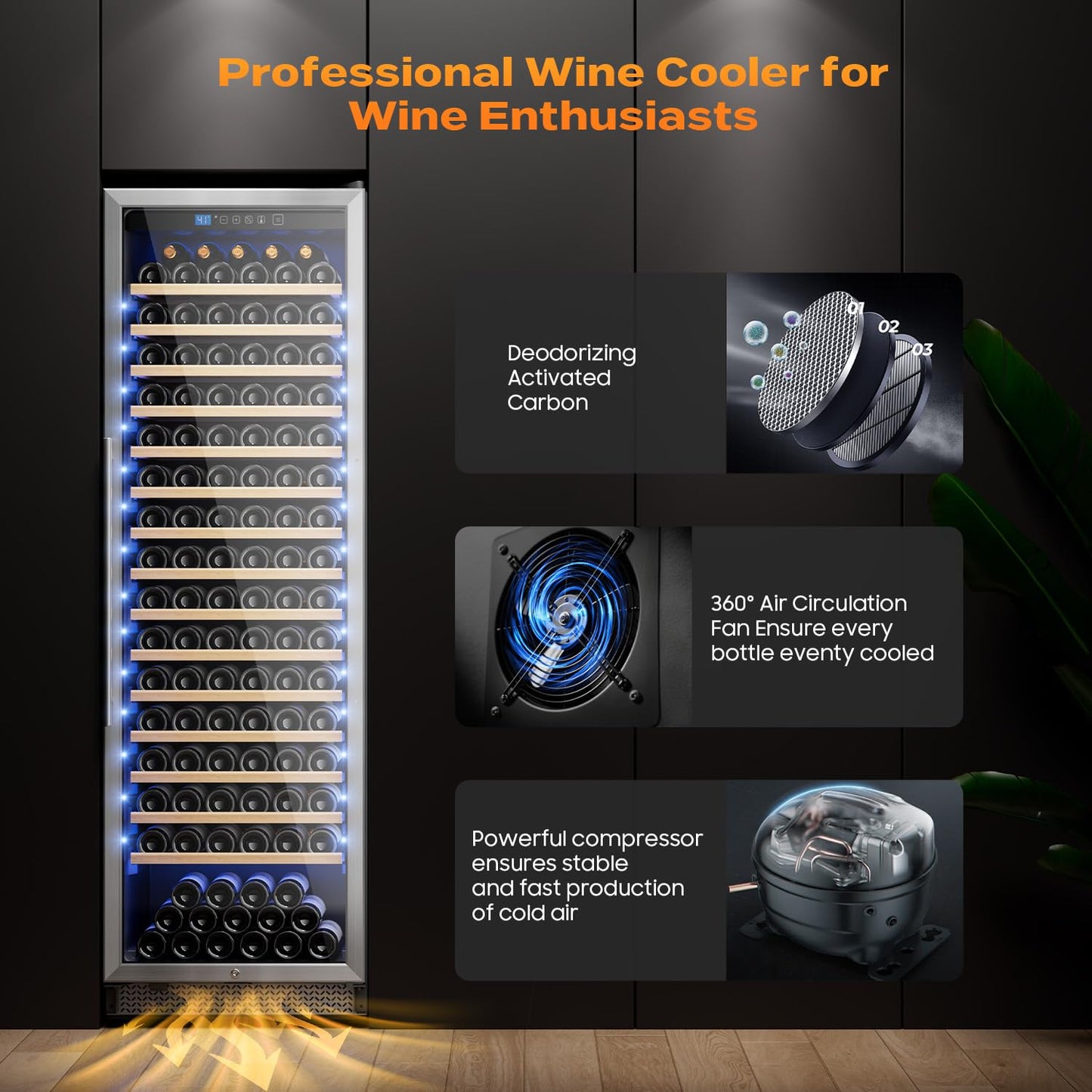 Vushine 24 Inch Wine Fridge, 187-Bottle Large Capacity Wine Cooler Refrigerator, Freestanding or Built-in Tall Wine Cooler with Upgraded Compressor, Low Noise For Home