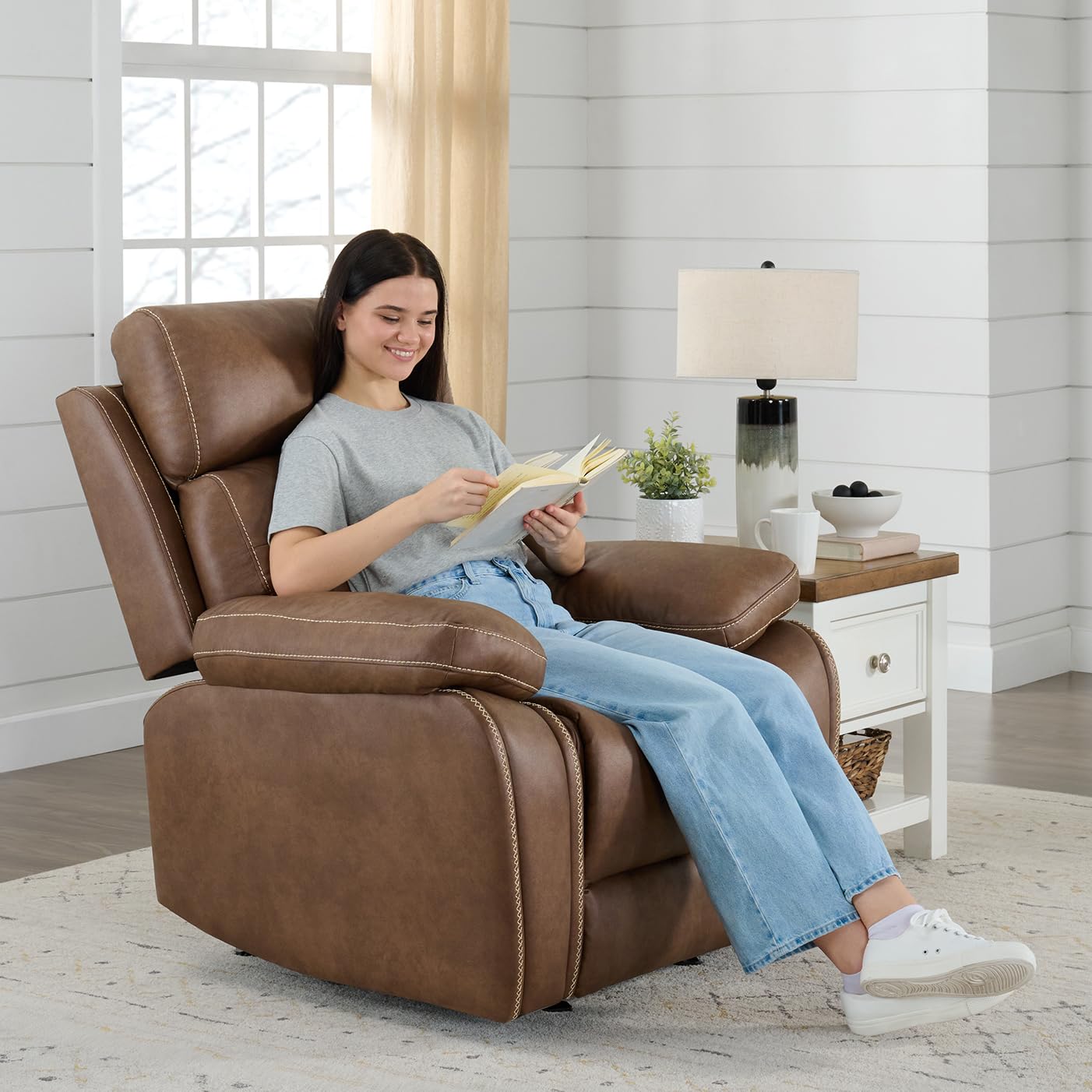 KISLOT Leather Recliner Chair Manual Sofa Rocker for Adults with Overstuffed Arm for Living Room Bedroom Home Theater Seating