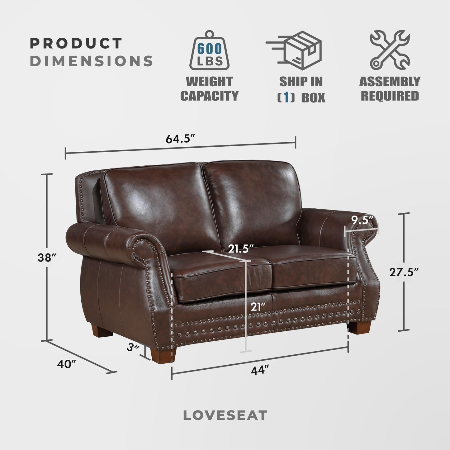 Lexicon 64.5" Loveseat, Top Grain Leather Match Loveseat Sofa with Nailhead Trim, Rolled Arms, Solid Wood Legs, 2 Seater Couch for Living Room/Apartment/Office, Easy Assembly, Brown
