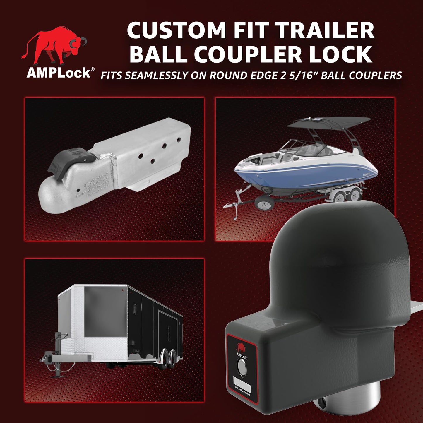 AMPLock U-BRA2516 2 5/16" Trailer Coupler Lock with Heavy Duty Round Edge Design, Push-to-Lock System, Rust and Corrosion Resistant, Fits Ball Couplers for Boat, Cargo, Utility and Travel Trailer Use