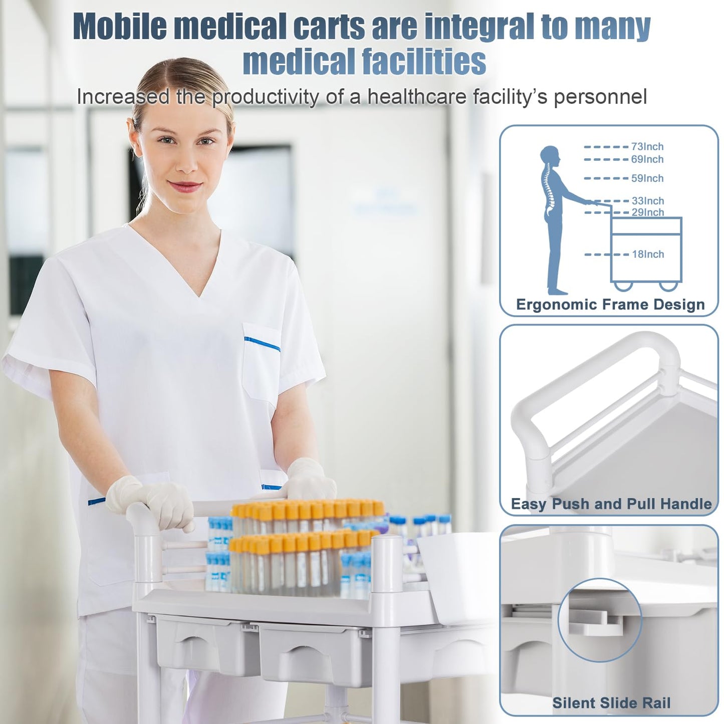 Mobile Medical Carts 3 Tier Professional Utility Cart 330 LBS Max Load Rolling Crash Cart Ultrasound Trolley with Wheels Drawers Dirt Bucket Sharps Box Storage Basket for Hospital Dental Clinic Home