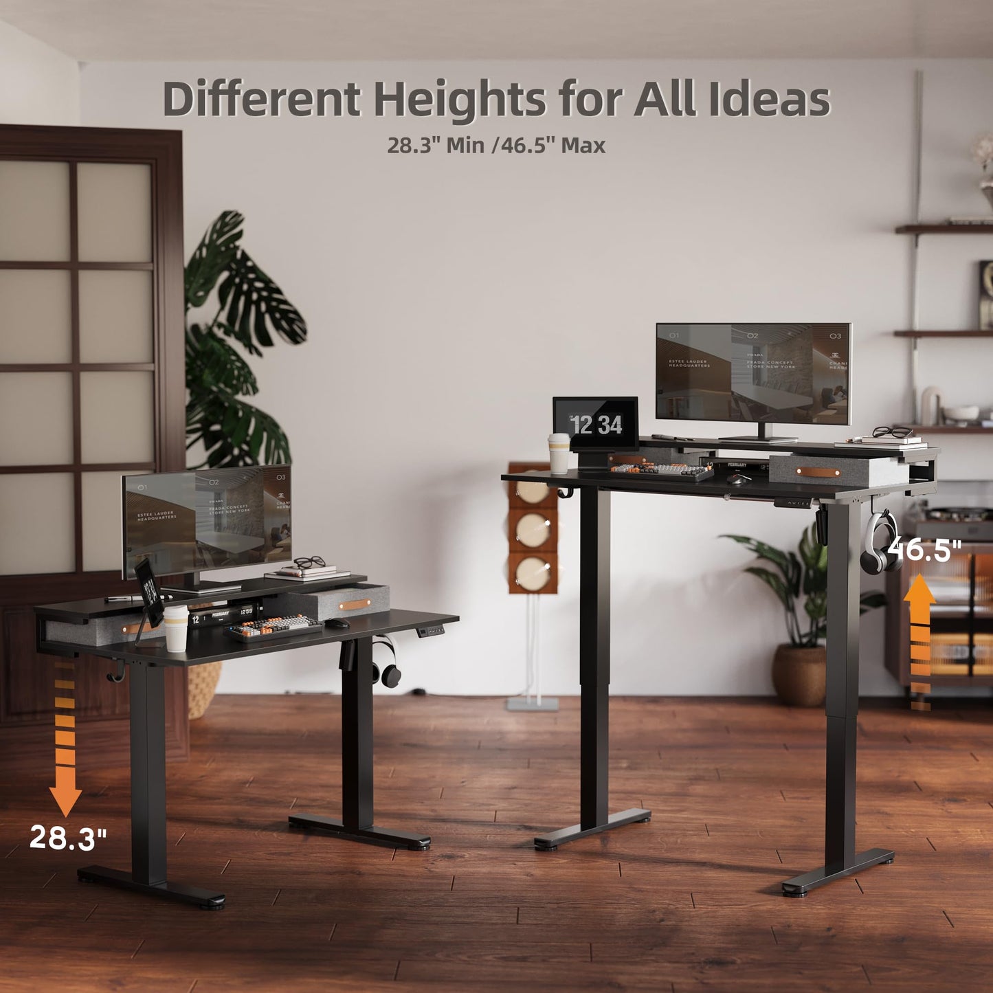 Seang Electric Standing Desk with 2 Drawers, Adjustable Standing Desk with Storage Shelf, Height Adjustable Stand up Desk for Home Office with 3 Presets & 2 Hooks,55 Inch, Black