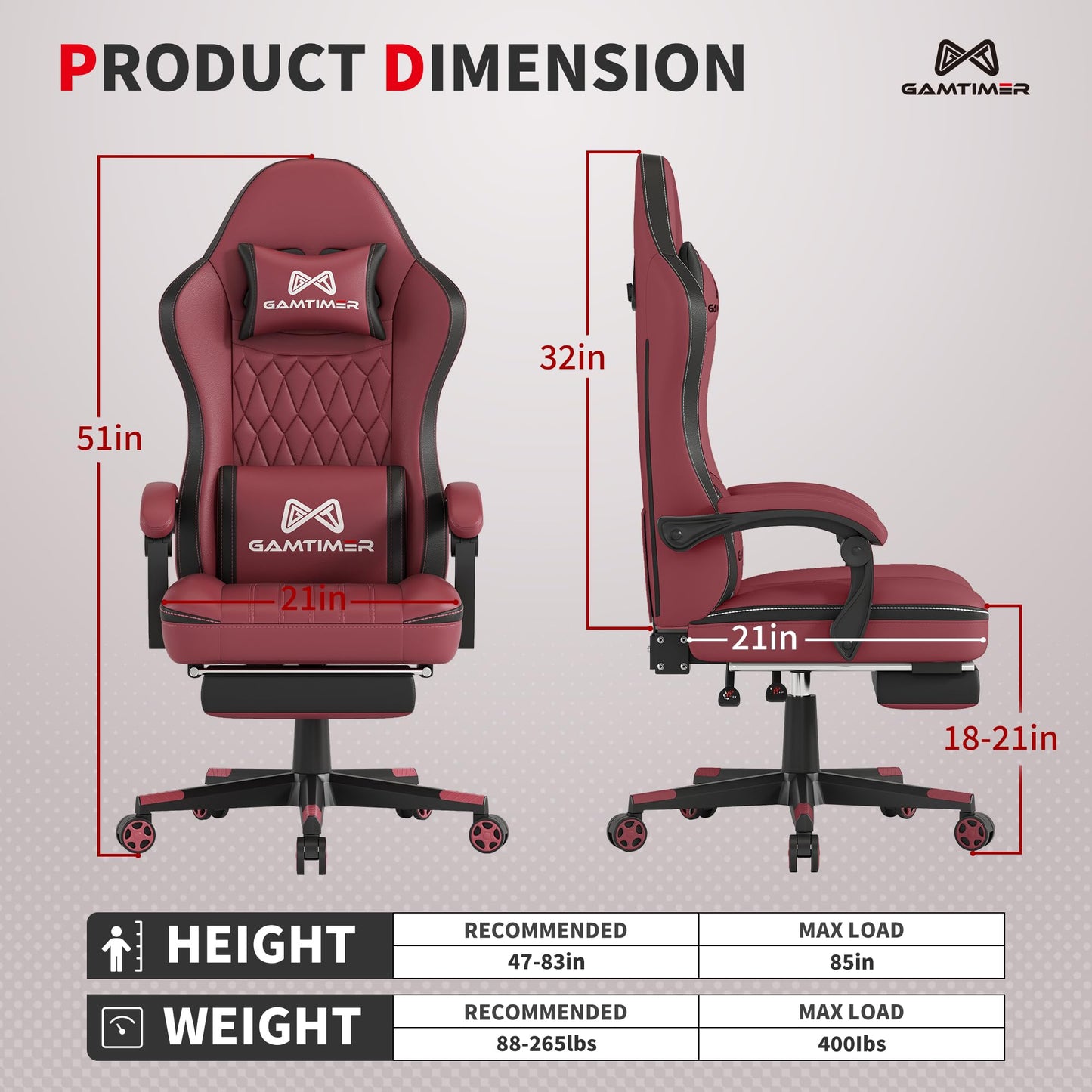 Gamtimer Gaming Chair with Footrest, Ergonomic Computer Chair, PU Breathable Material with Headrest and Lumbar Support, Suitable for Silla Gamer and Adults (RED)