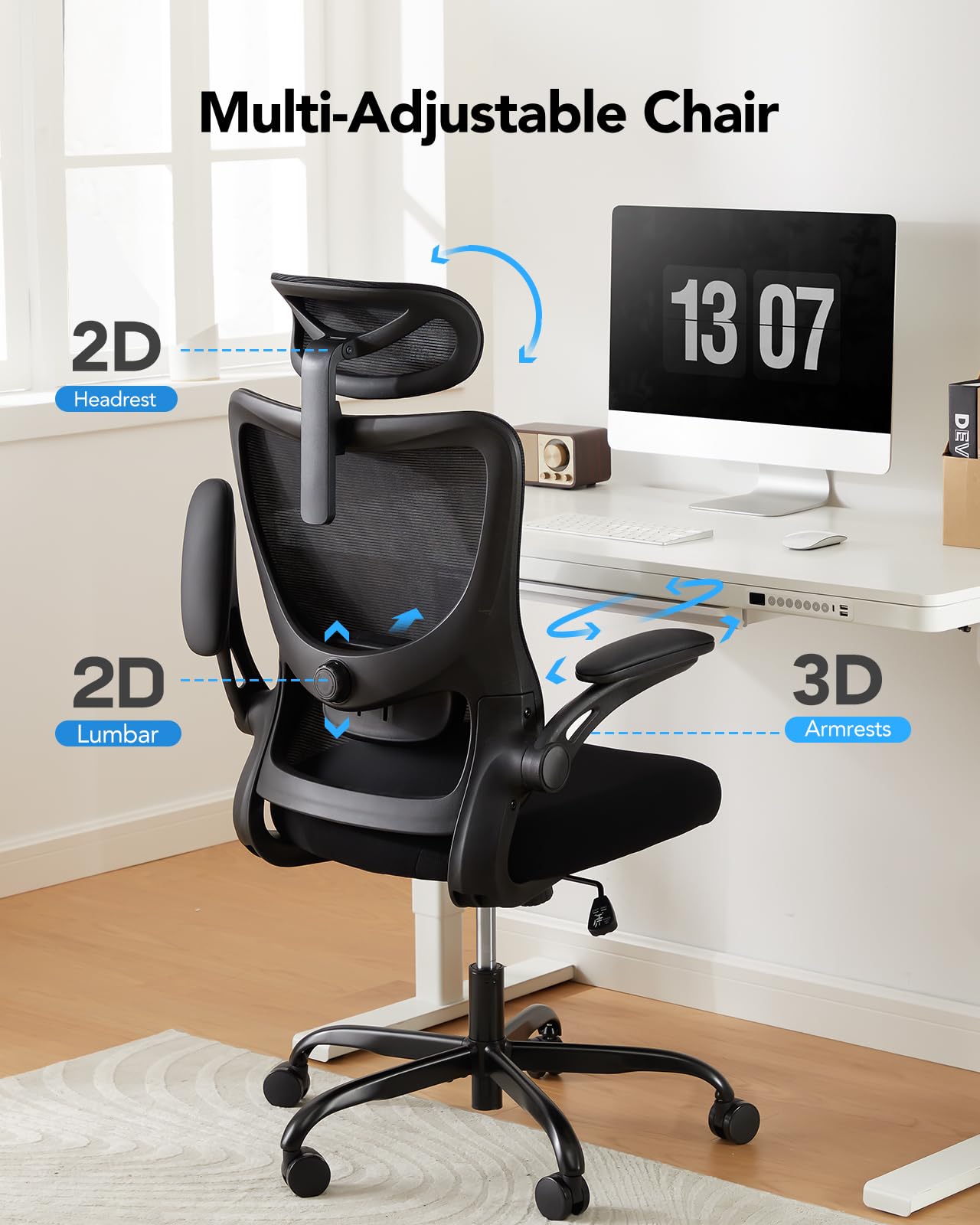 HUANUO Ergonomic Office Chair, High Back Computer Desk Chair with Adjustable Lumbar Support and Headrest, Comfy Gaming Chair with 3D Armrests, Home Office Rolling Chair, Max Load 300 lbs