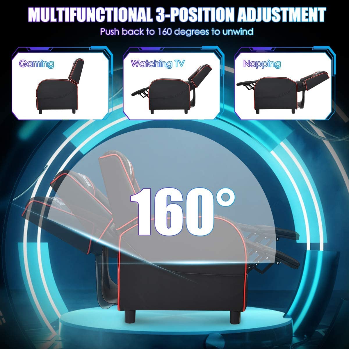 BUSHLY Adjustable Gaming Recliner Chair, Racing Style Massage Single Sofa with Headrest & Lumbar Pillow, PU Leather Video Recliner for Home, Movie Theater, Living Room, Game Room (Red)