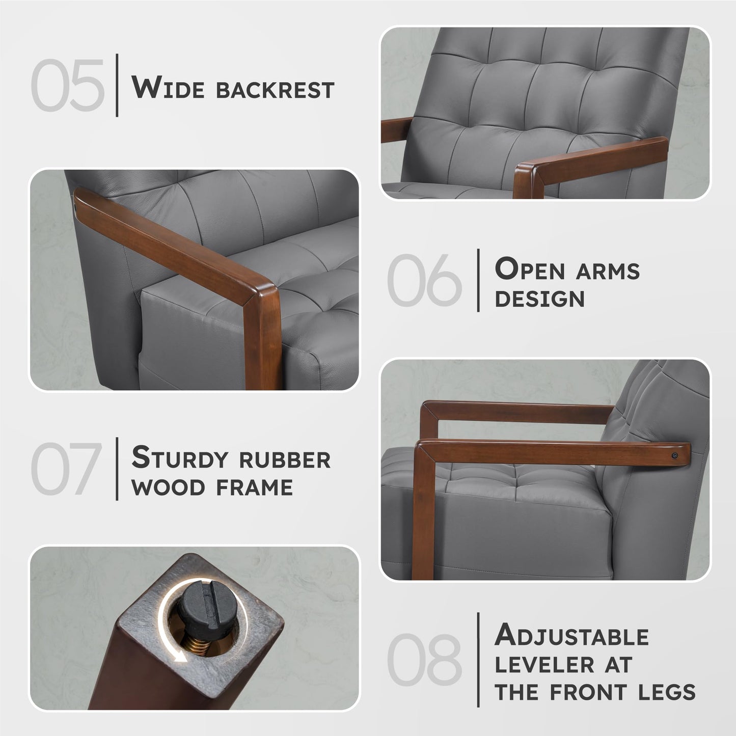 Lexicon Modern Accent Chair, Luxury Genuine Leather Match Living Room Chair with Tufted Cushions, Solid Wood Frame and Arm Rest, Comfy Upholstered Single Seat for Bedroom/Reading/Office, Dark Gray