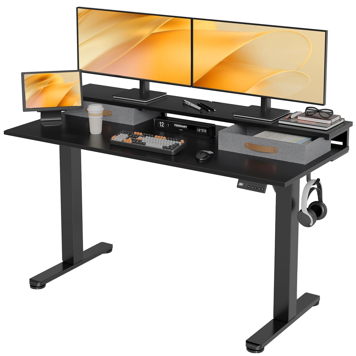 Seang Electric Standing Desk with 2 Drawers, Adjustable Standing Desk with Storage Shelf, Height Adjustable Stand up Desk for Home Office with 3 Presets & 2 Hooks,55 Inch, Black