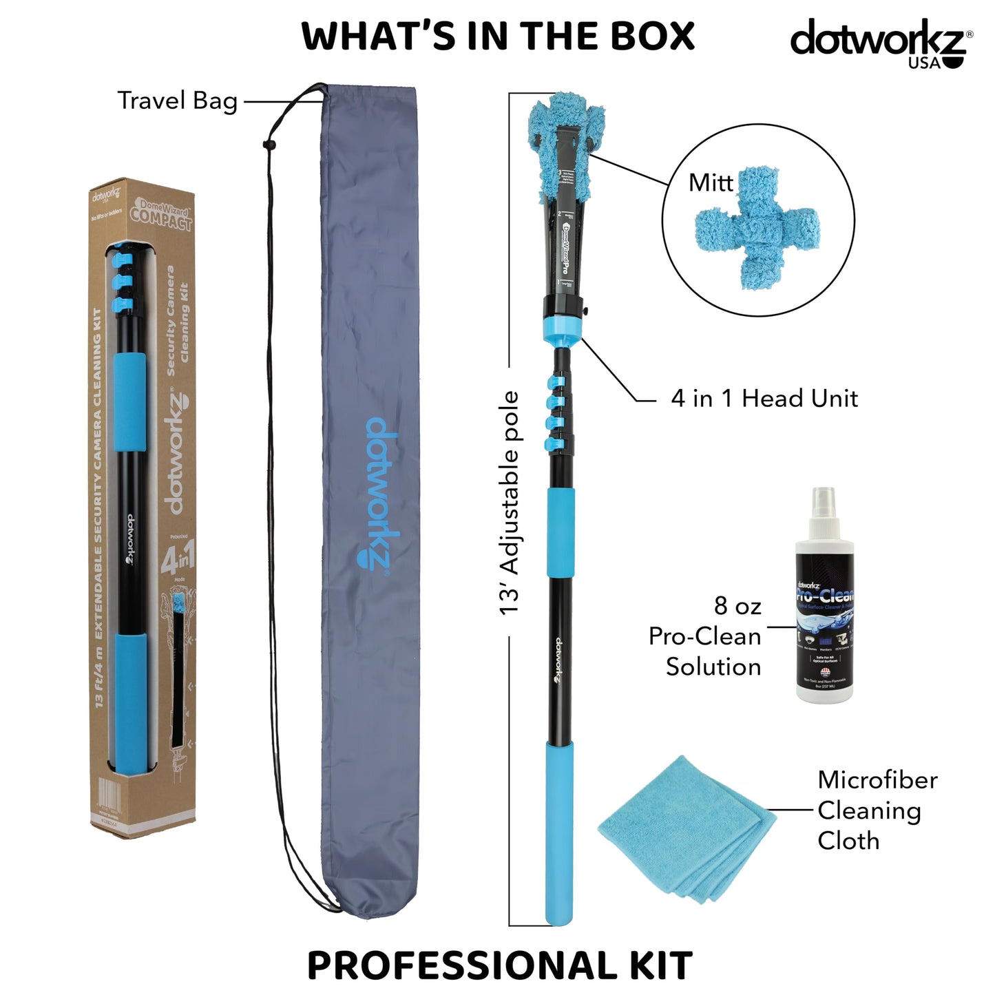 DomeWizard™ Compact Security Camera Cleaning Kit with Pole – Streak-Free Lens Cleaner for Dome, PTZ, Mini Dome & Bullet Cameras – Reusable Microfiber Mitt + 8oz Cleaning Solution