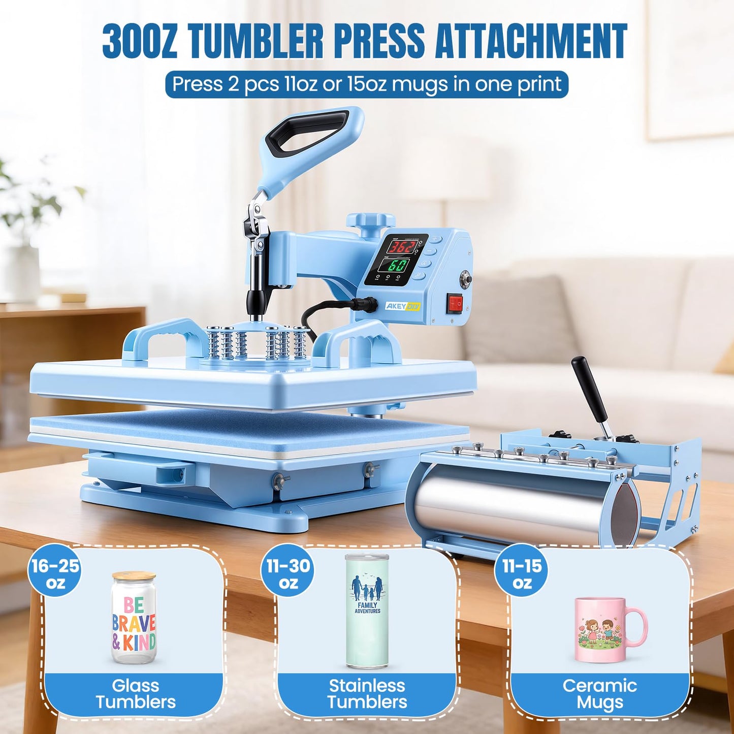AKEYDIY Heat Press 15x15 inch 8 in 1 with 30OZ Tumbler Press, 360° Swivel Away Slide Out Digital Shirt Press Machine, Industrial Heat Transfer Machine Sublimation for T-Shirt (15x15-8 in 1 Blue)