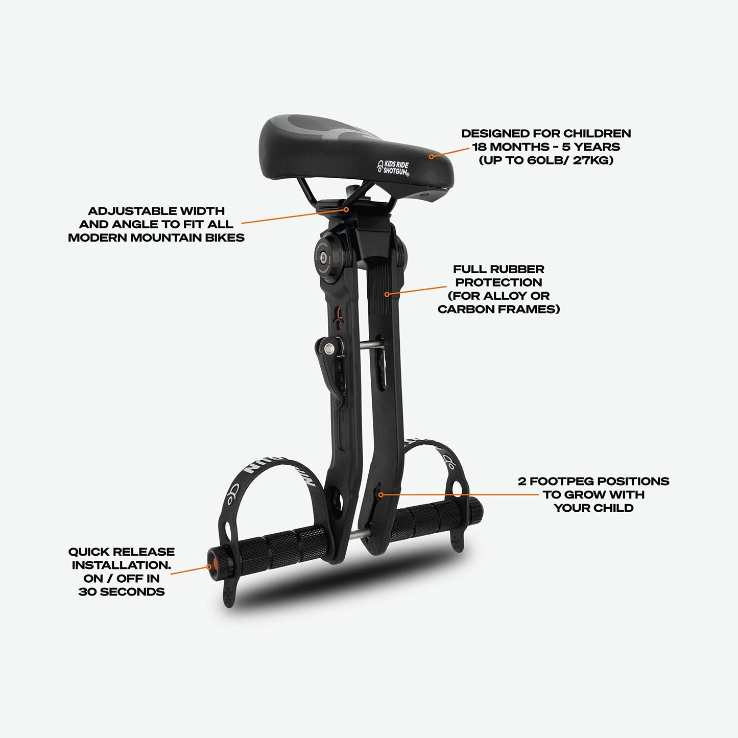 Kids Ride Shotgun - 2.0 Child Bike Seat - Front Mounted, for Children Aged 18mo~5 Years, Fits Most Adult Modern Mountain Bikes, Easy Install, Adjustable for Comfort