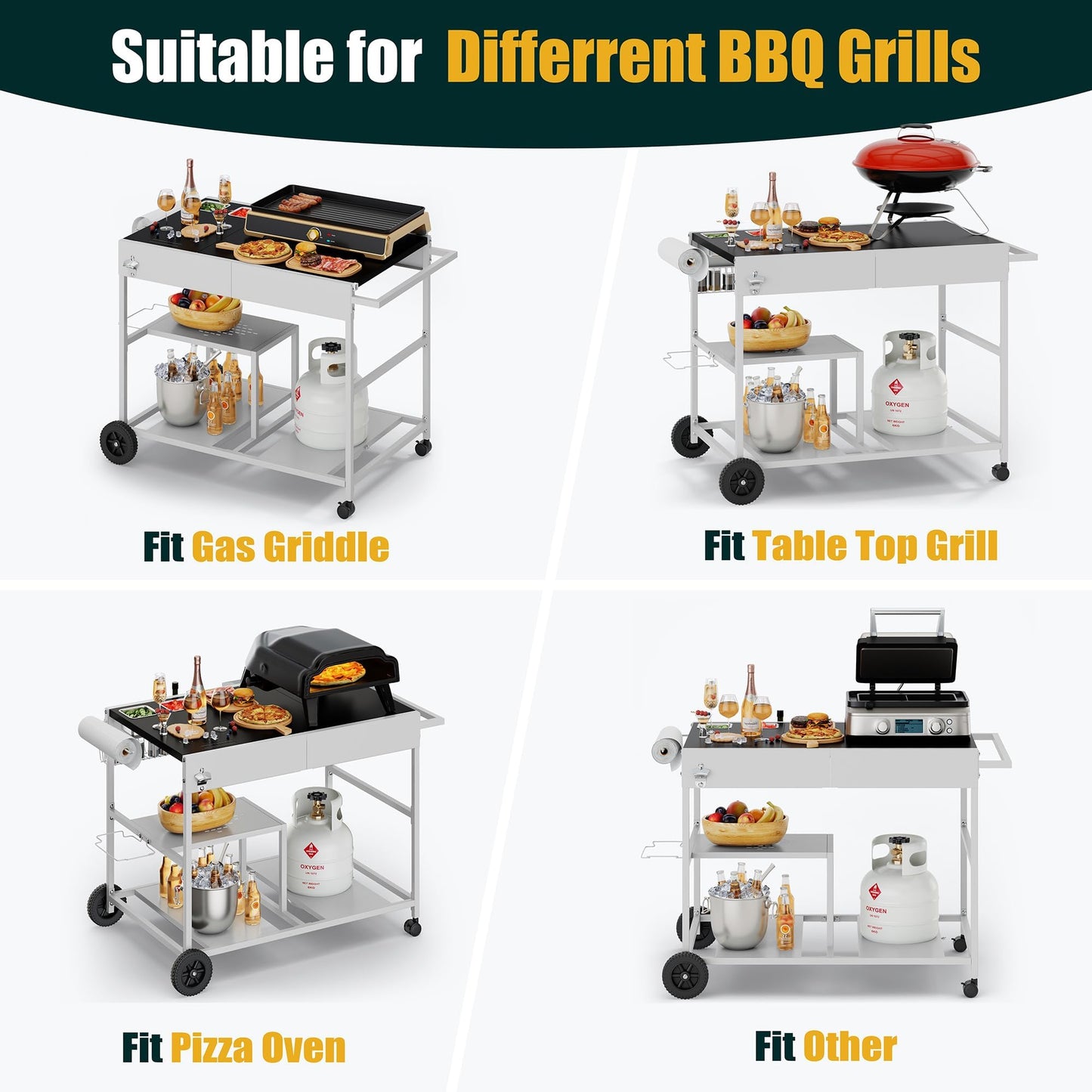 Shintenchi 24.6"x37.6" Pizza Oven Cart Table with Topping Station and Wheels, Outdoor Tabletop Grill Table Stand, Movable Food Prep Workcart Fits for Ninja Blackstone Woodfire Grill